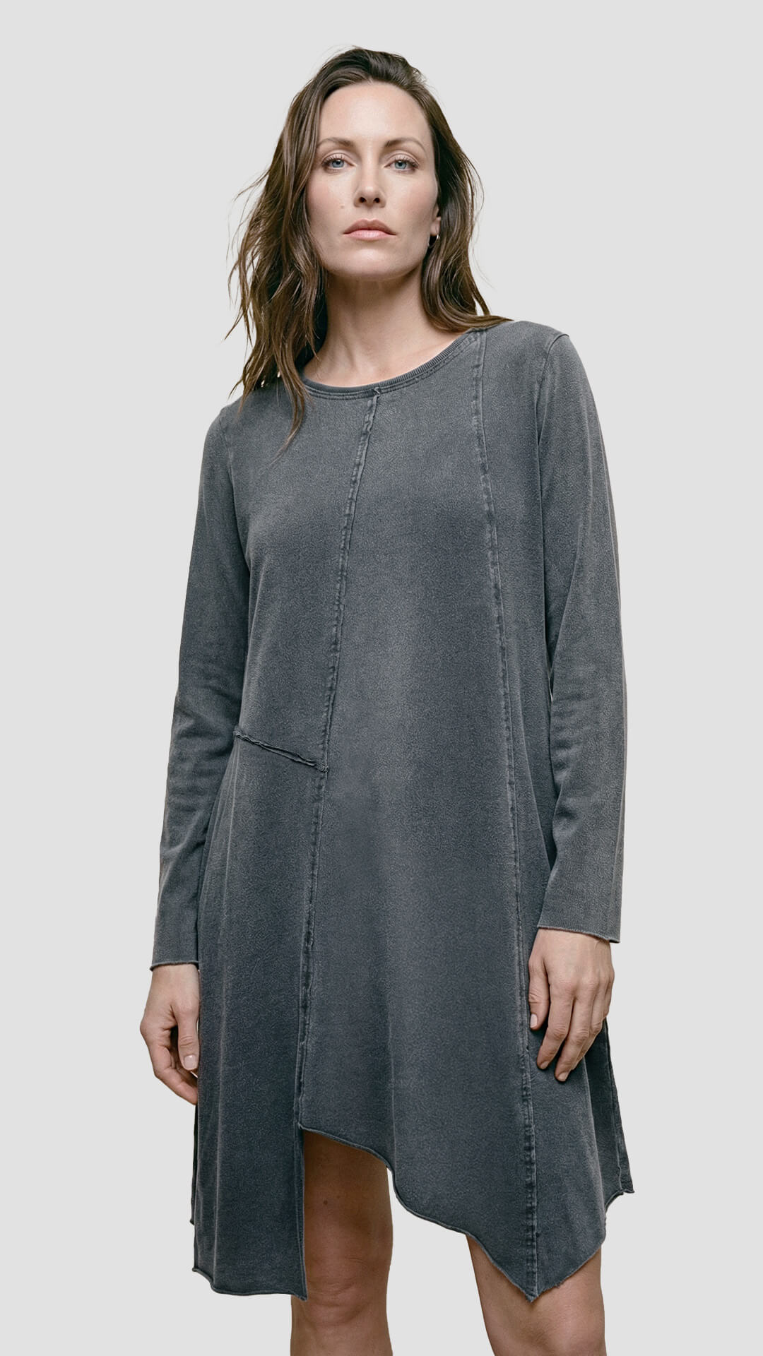 Raw Seams Dress in Dark Grey front view