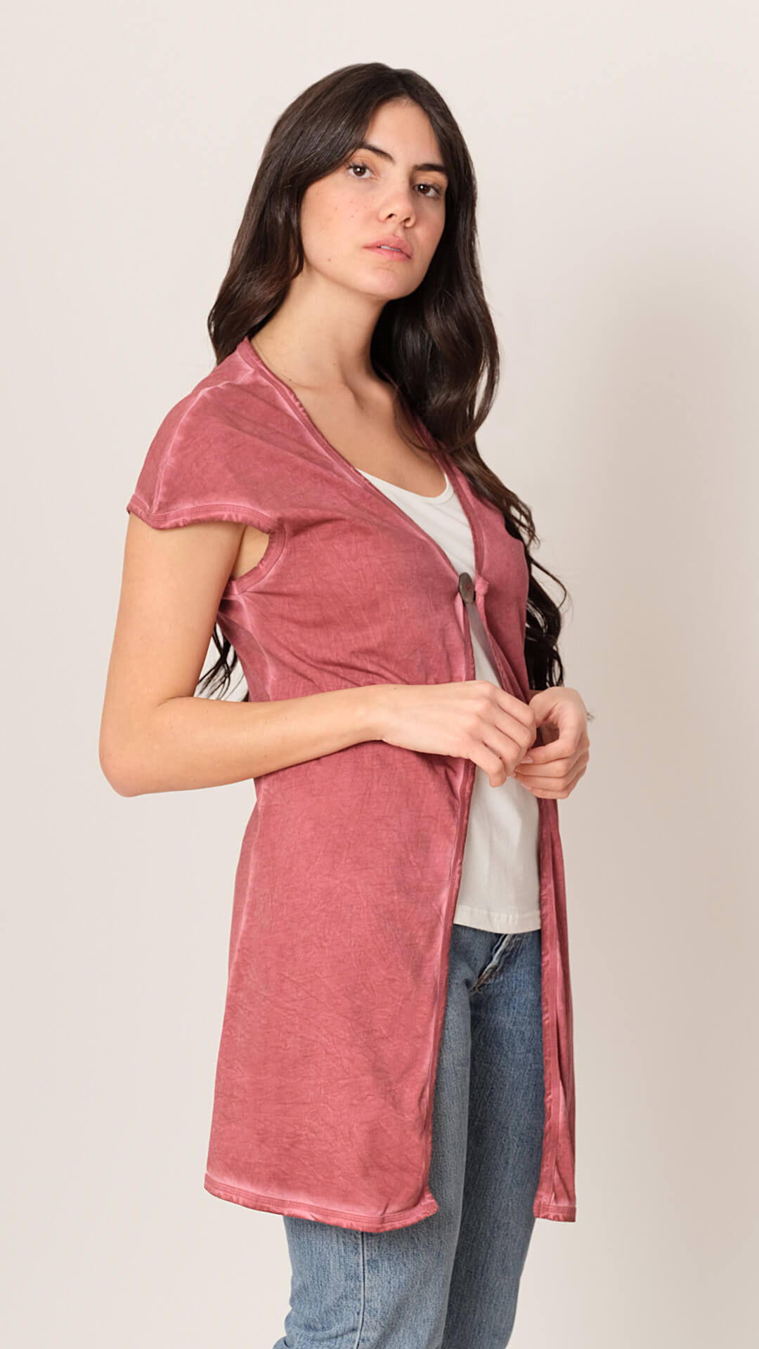 Naya cardigan in red, side view, premium cotton made in Athens Greece