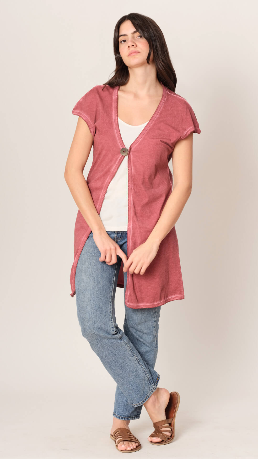 Naya cardigan in red, front view, premium cotton made in Athens Greece