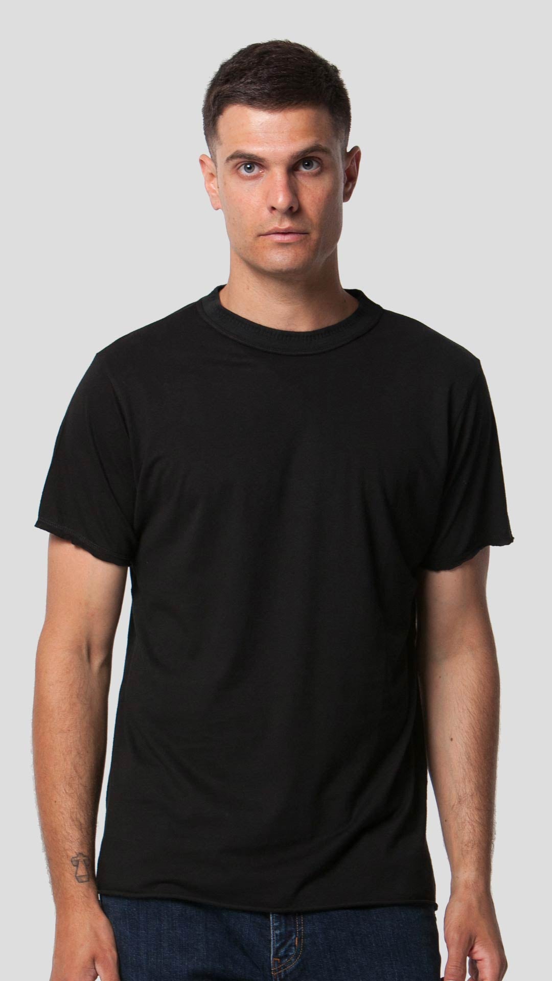 Knitted Neck T-Shirt in Black, Front View