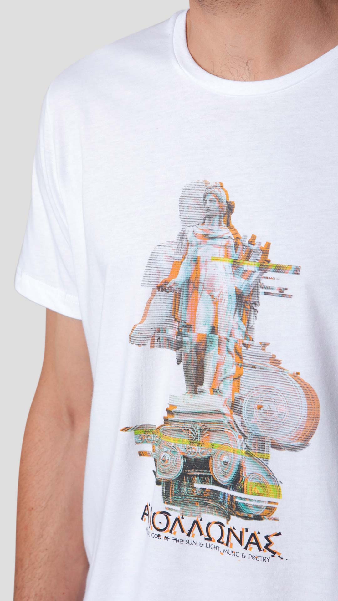 Apollo T-Shirt with Glitch Effect Design, in White, Close Up