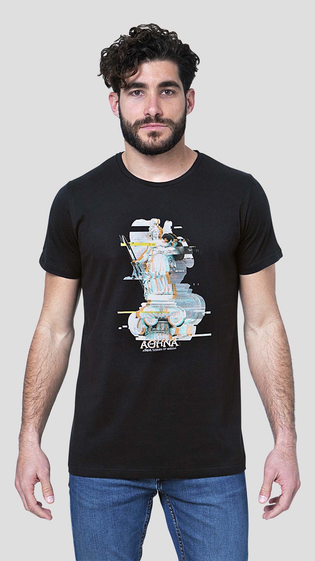 Athena T-Shirt with Glitch Effect Design, in Black, Front View