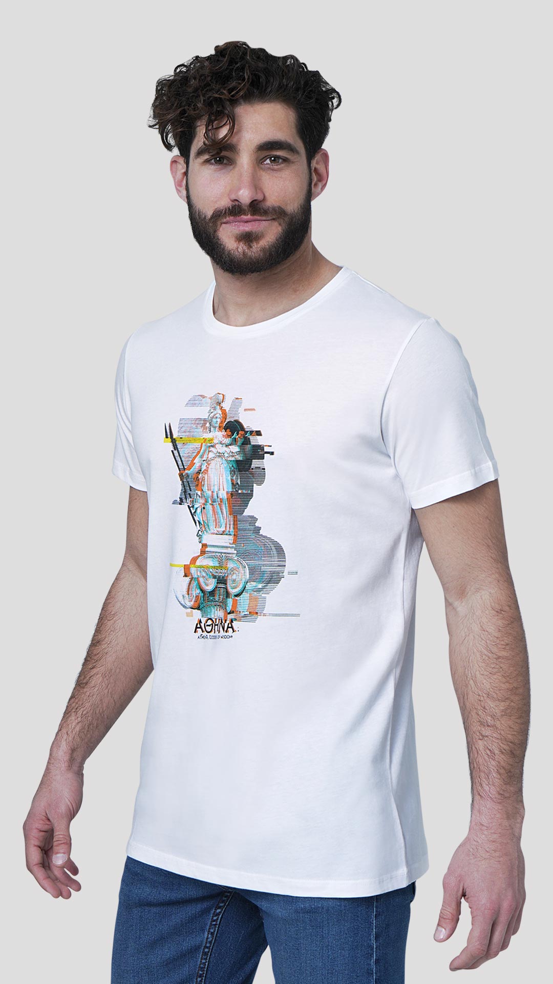 Athena T-Shirt with Glitch Effect Design, in White, Front View