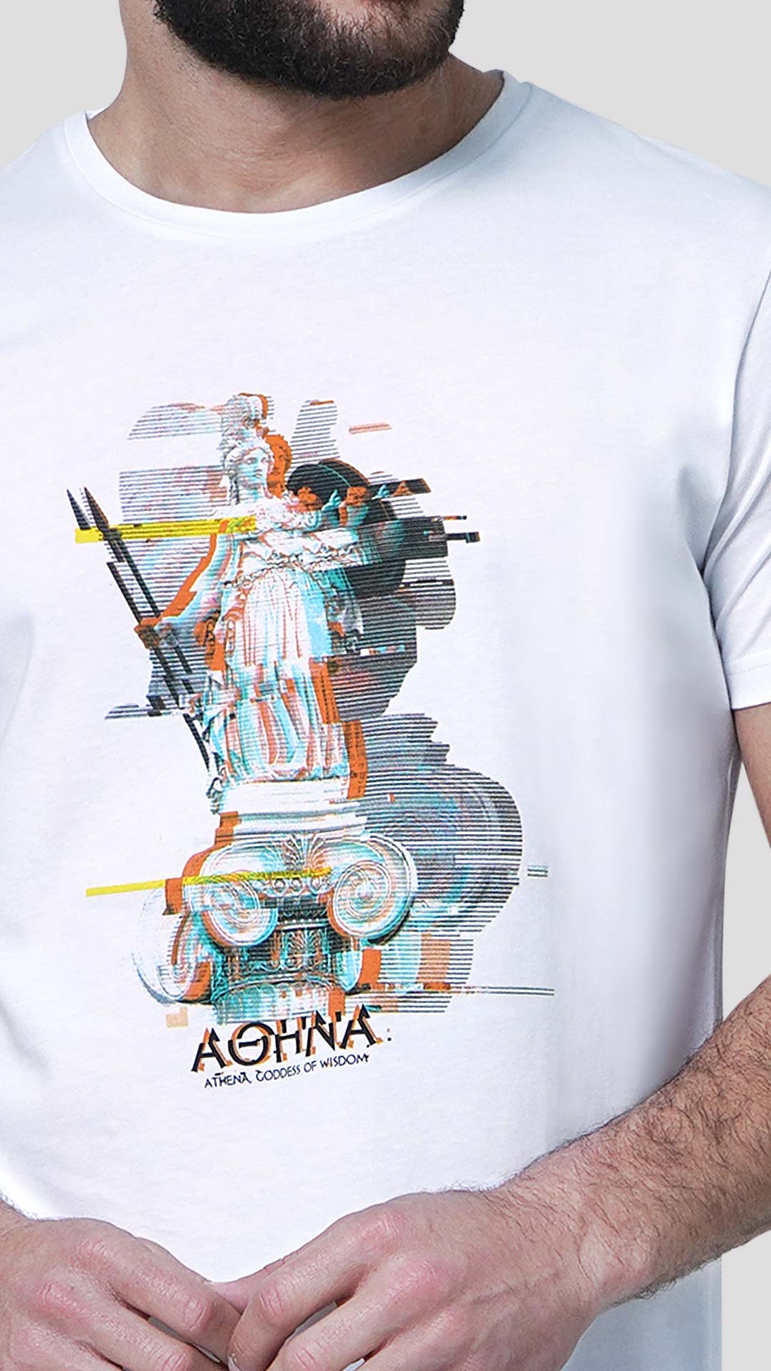 Athena T-Shirt with Glitch Effect Design, in White, Close Up