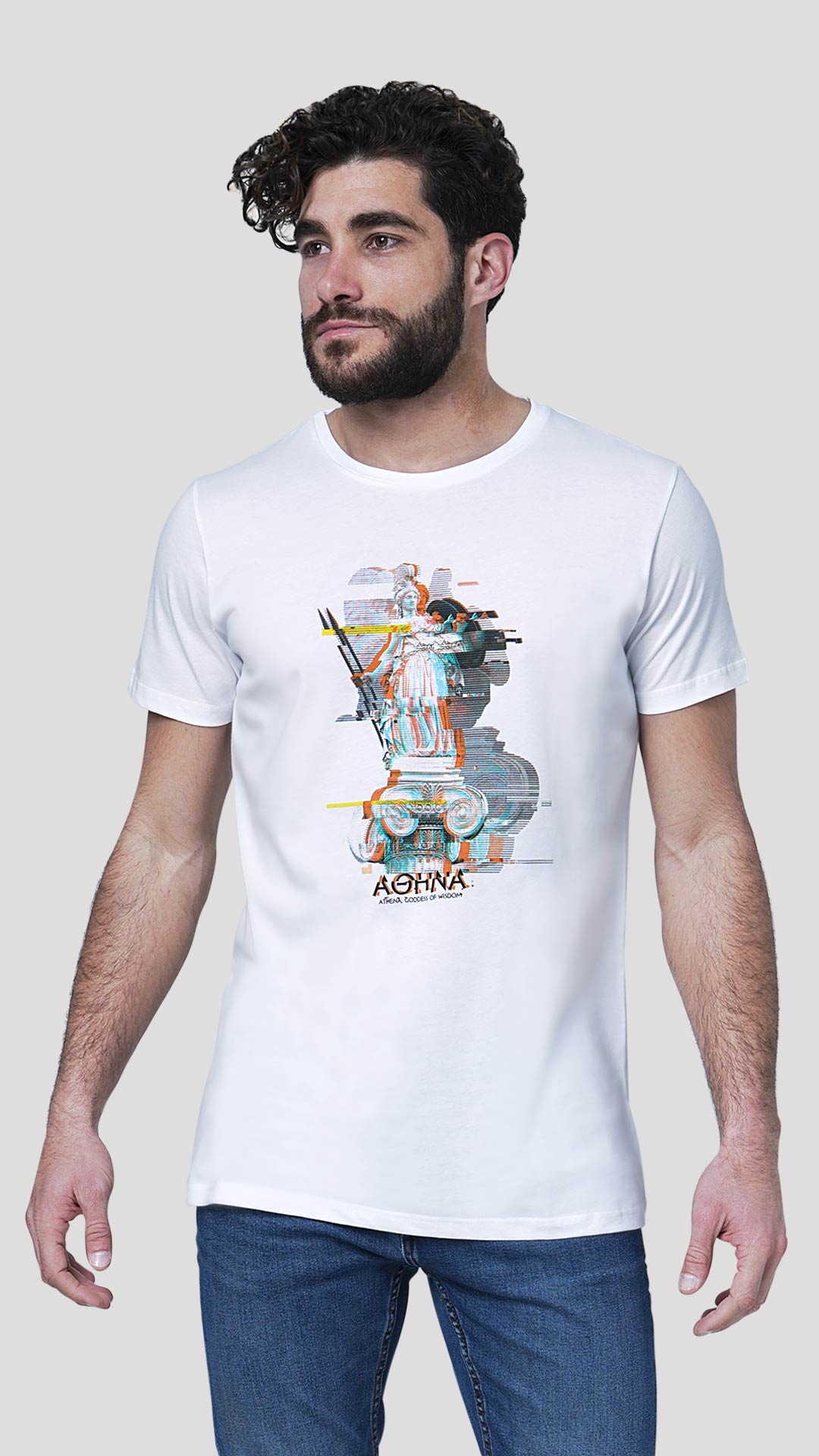 Athena T-Shirt with Glitch Effect Design, in White, Front View