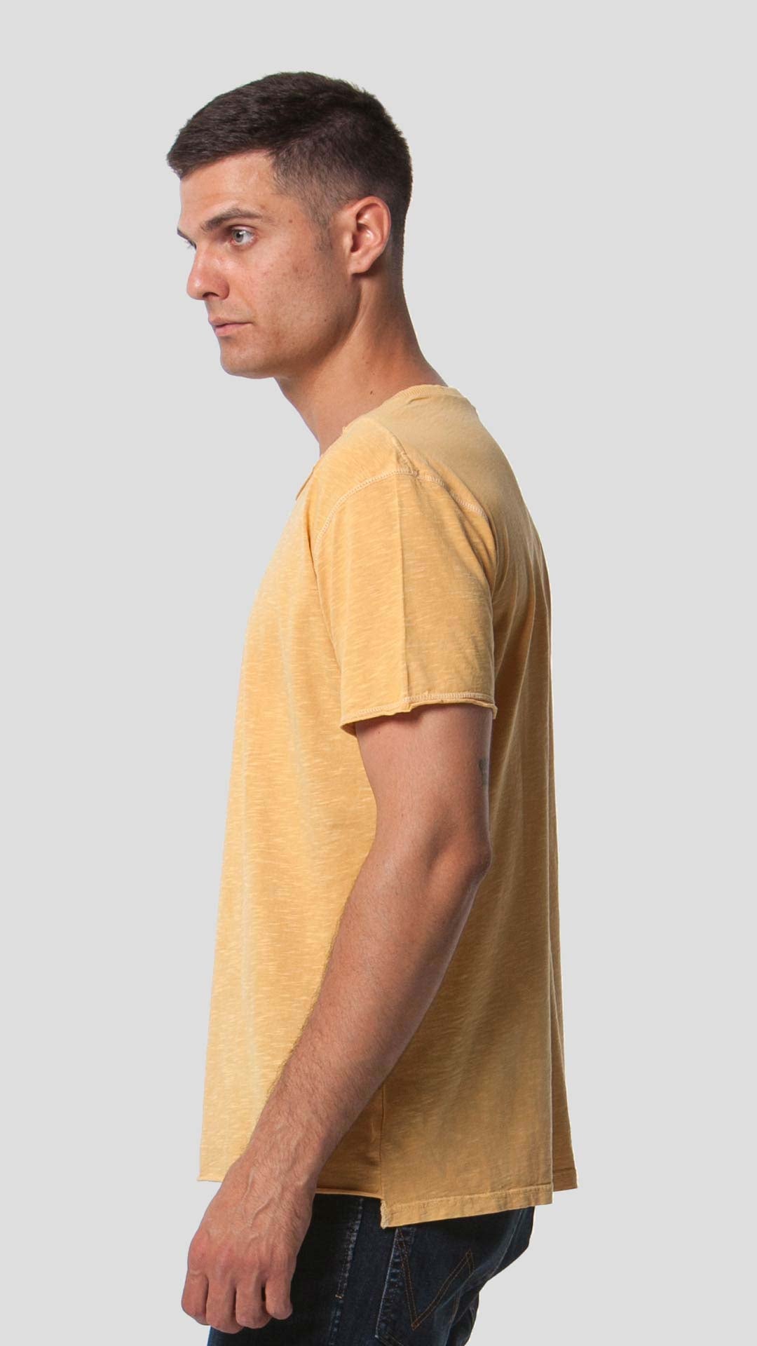 Men's Triangle T-Shirt in Yellow, Side View.