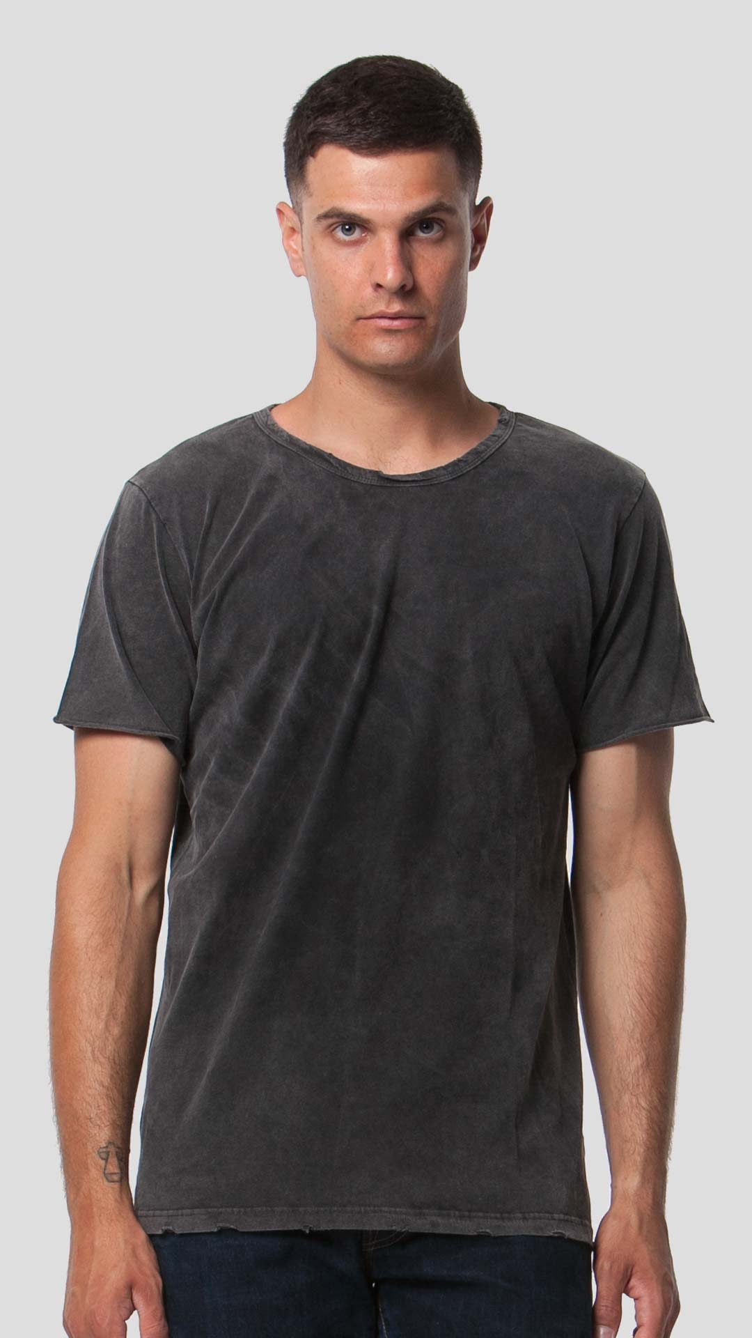 Dark grey men's eco-friendly short sleeve t-shirt, front view.