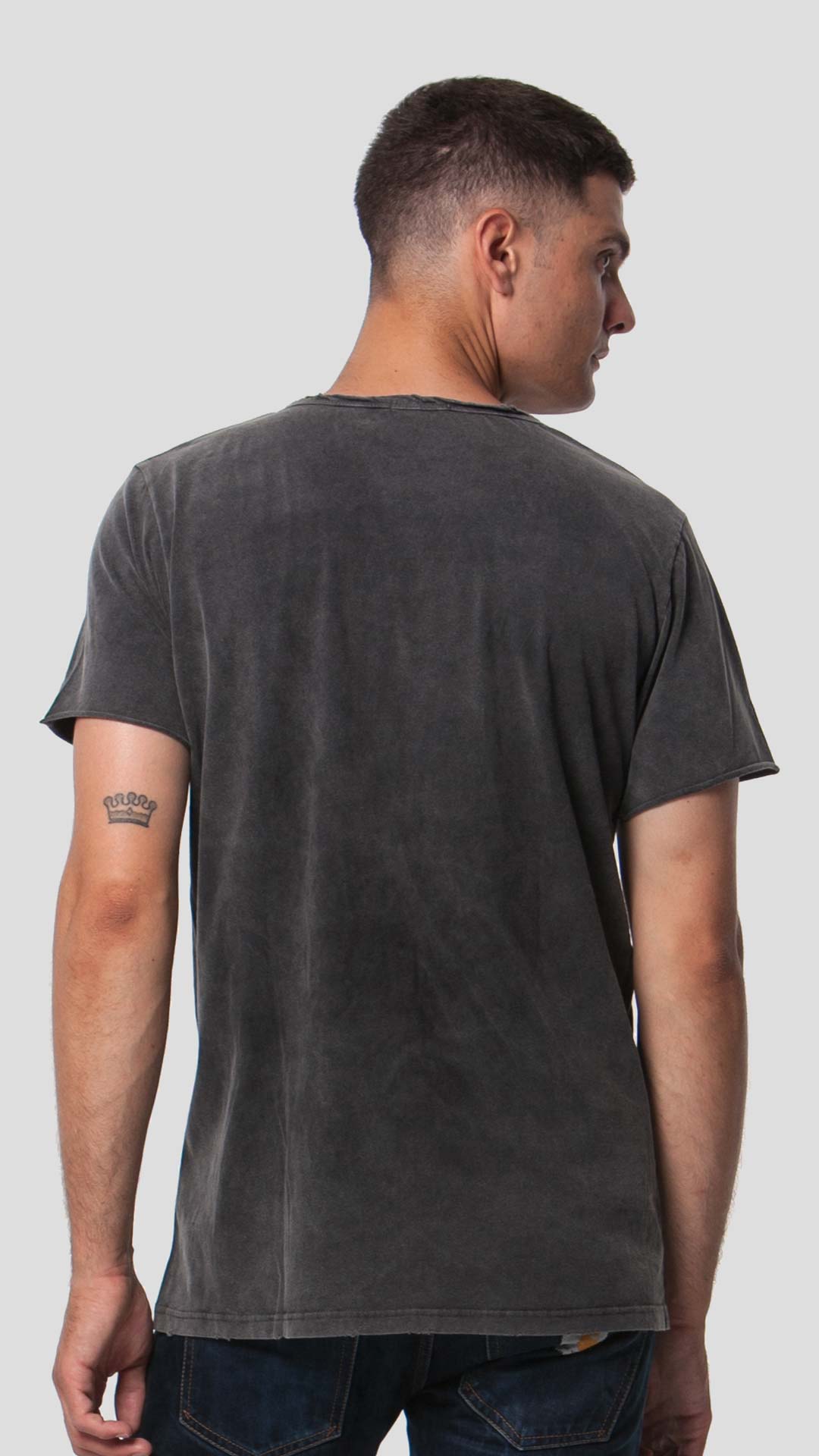 Dark grey men's eco-friendly short sleeve t-shirt, back view.