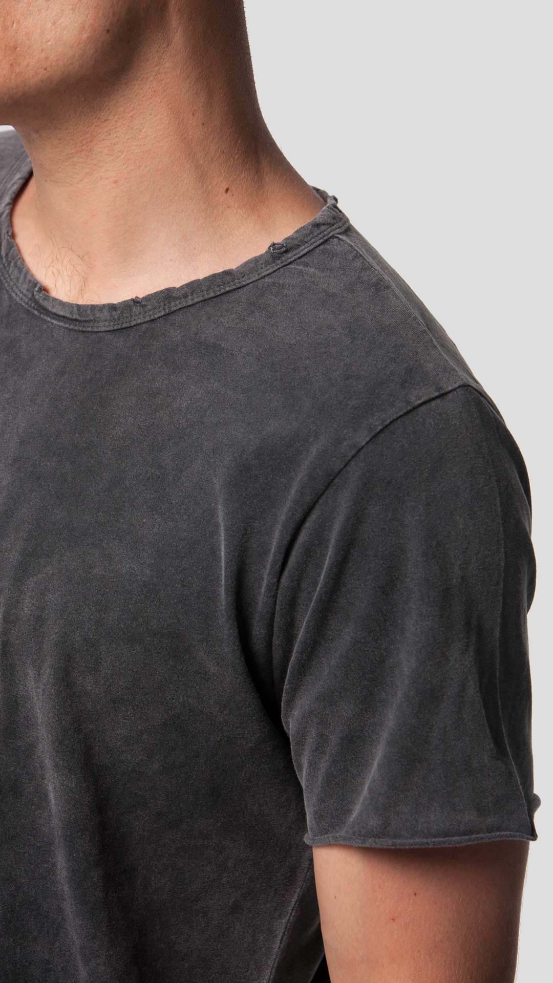Dark grey men's eco-friendly short sleeve t-shirt, front view detail.
