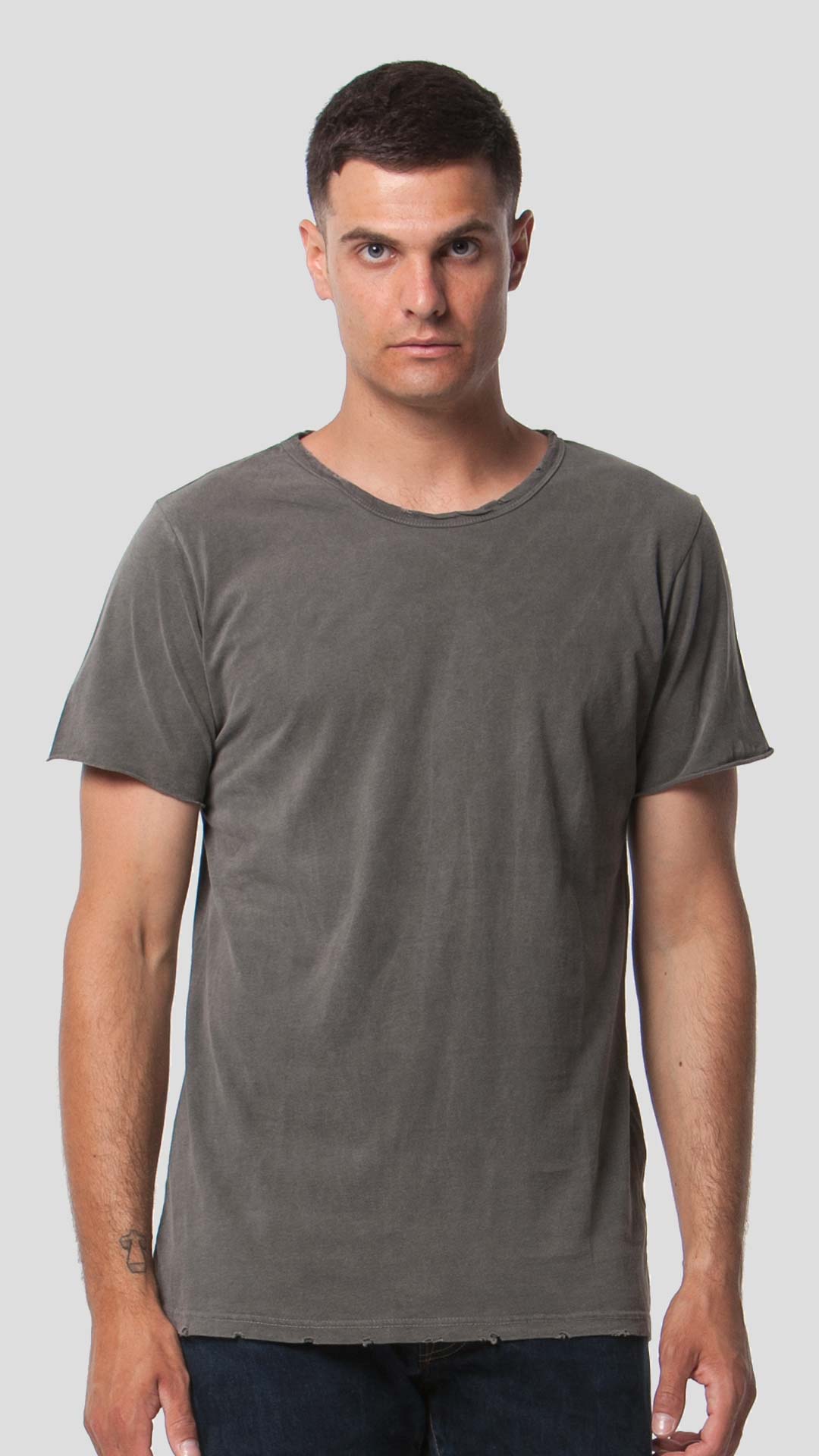 Light grey men's eco-friendly short sleeve t-shirt, front view.