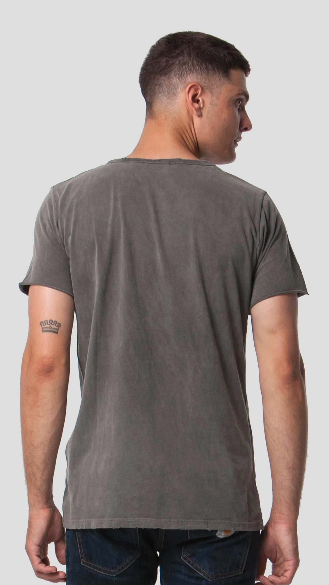 Light grey men's eco-friendly short sleeve t-shirt, back view.