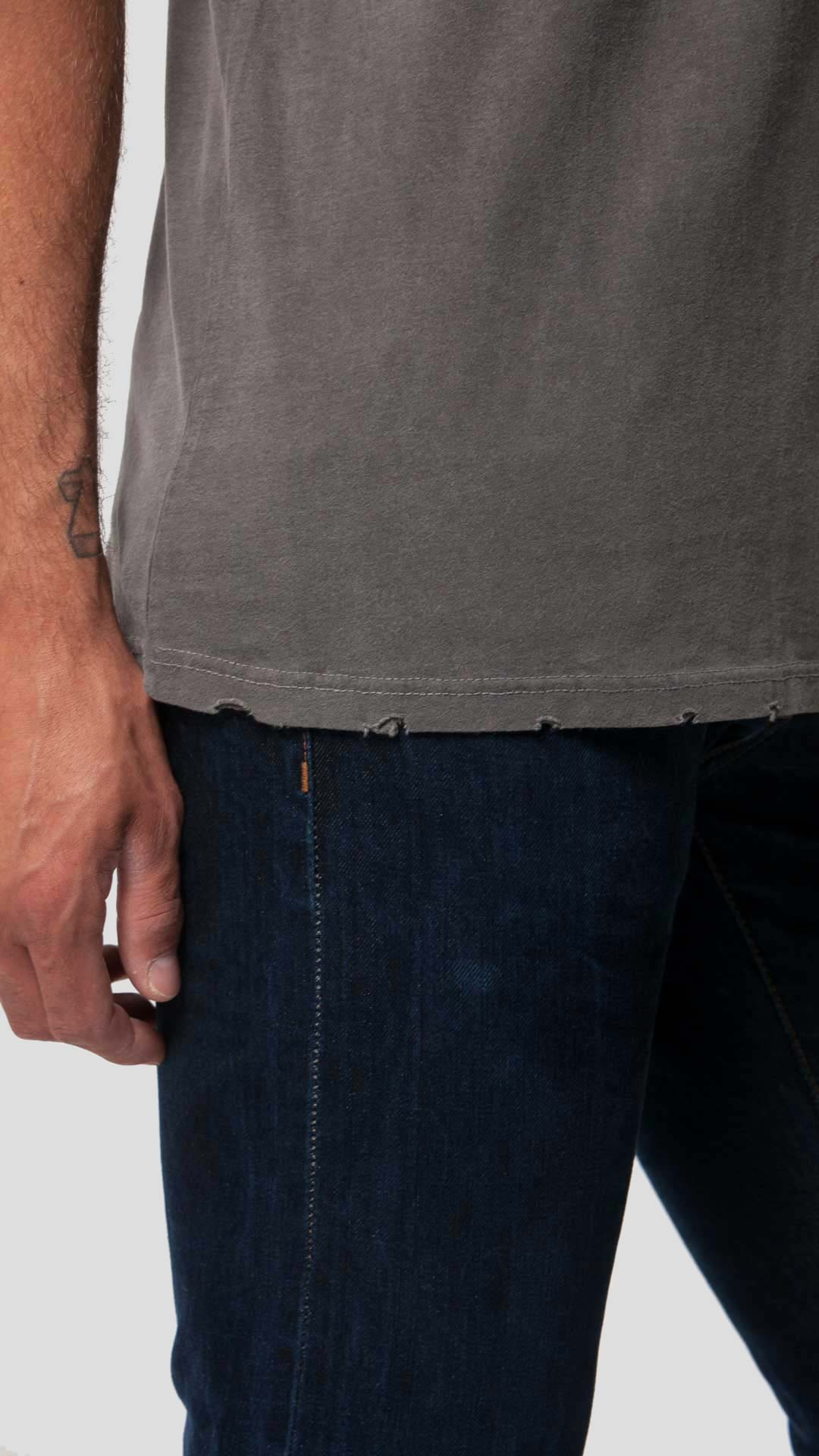 Light grey men's eco-friendly short sleeve t-shirt, front bottom detail.
