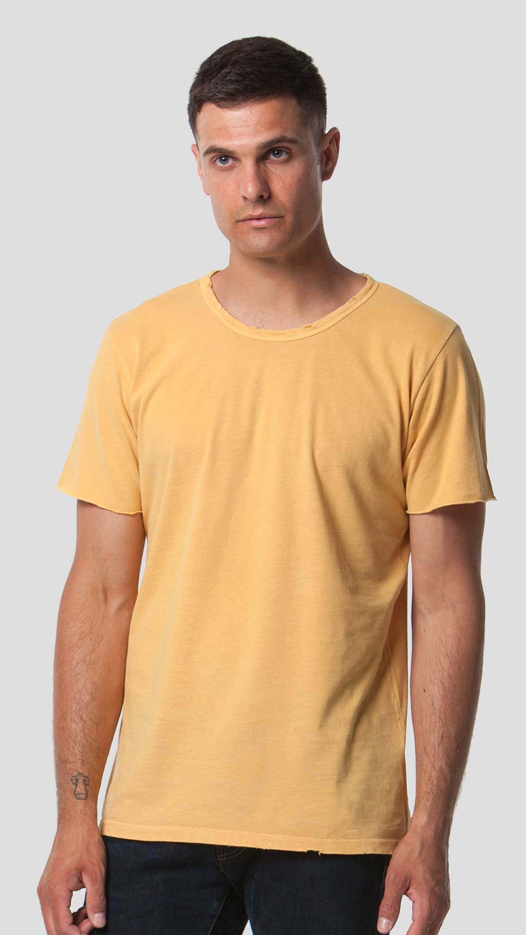 Yellow men's eco-friendly short sleeve t-shirt, front view.