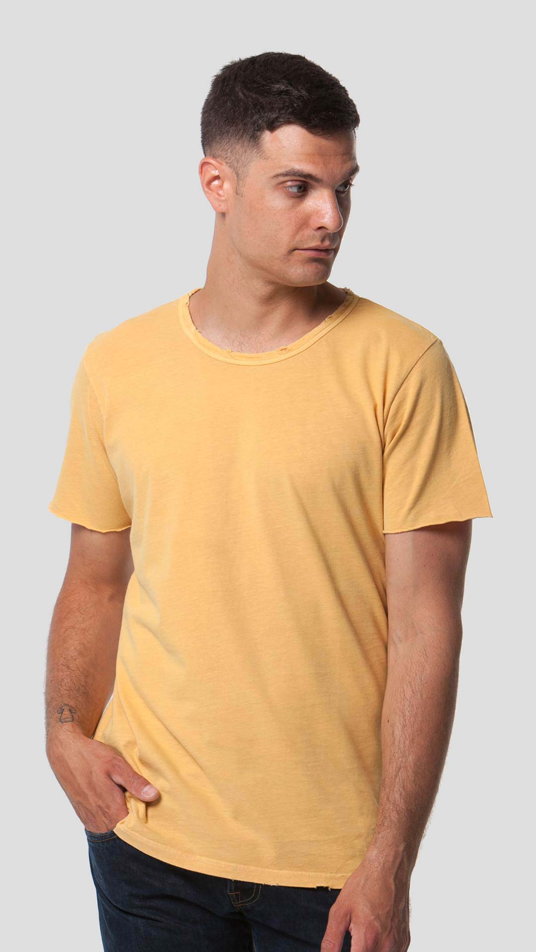 Yellow men's eco-friendly short sleeve t-shirt, front view.