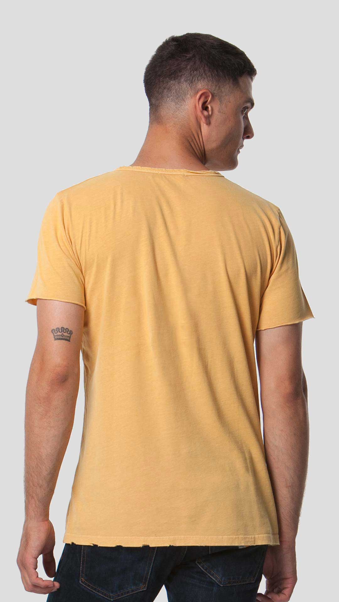 Yellow men's eco-friendly short sleeve t-shirt, back view.