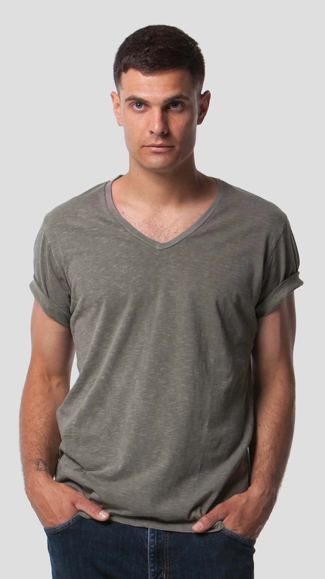 V-Neck T-Shirt in Light Khaki, Front View