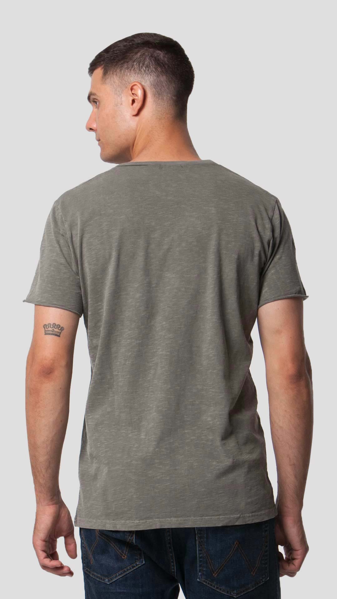 V-Neck T-Shirt in Light Khaki, Back View