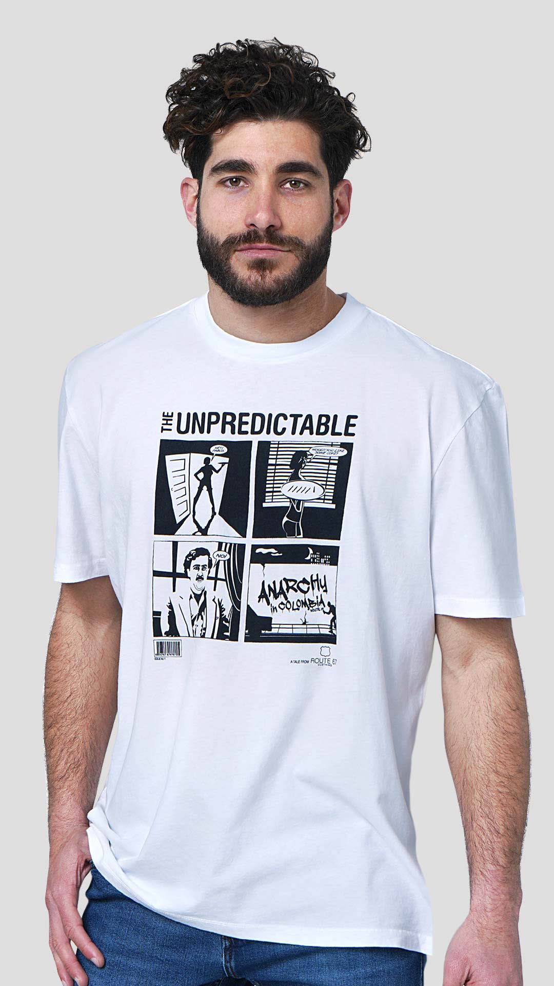 Escobar T-Shirt with Comic Design, in White, Front View