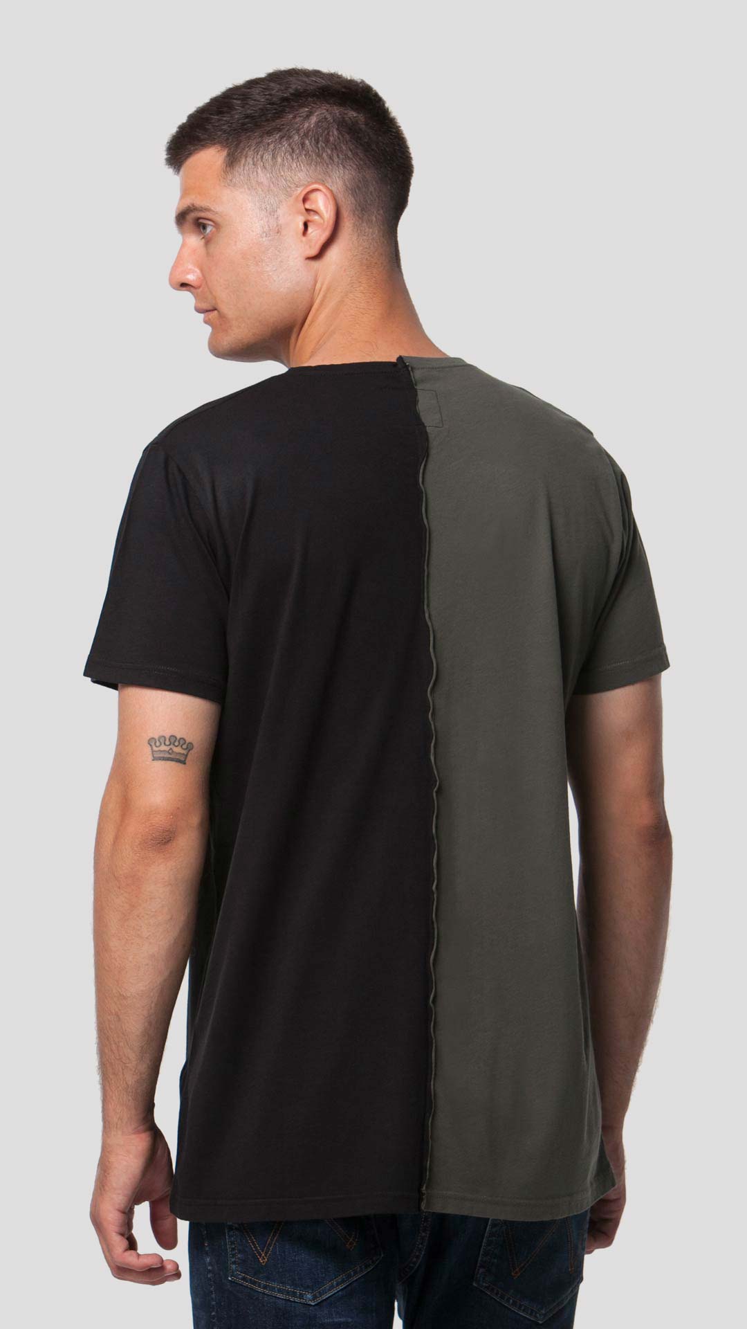Half & Half T-Shirt in Black and Green, Back View