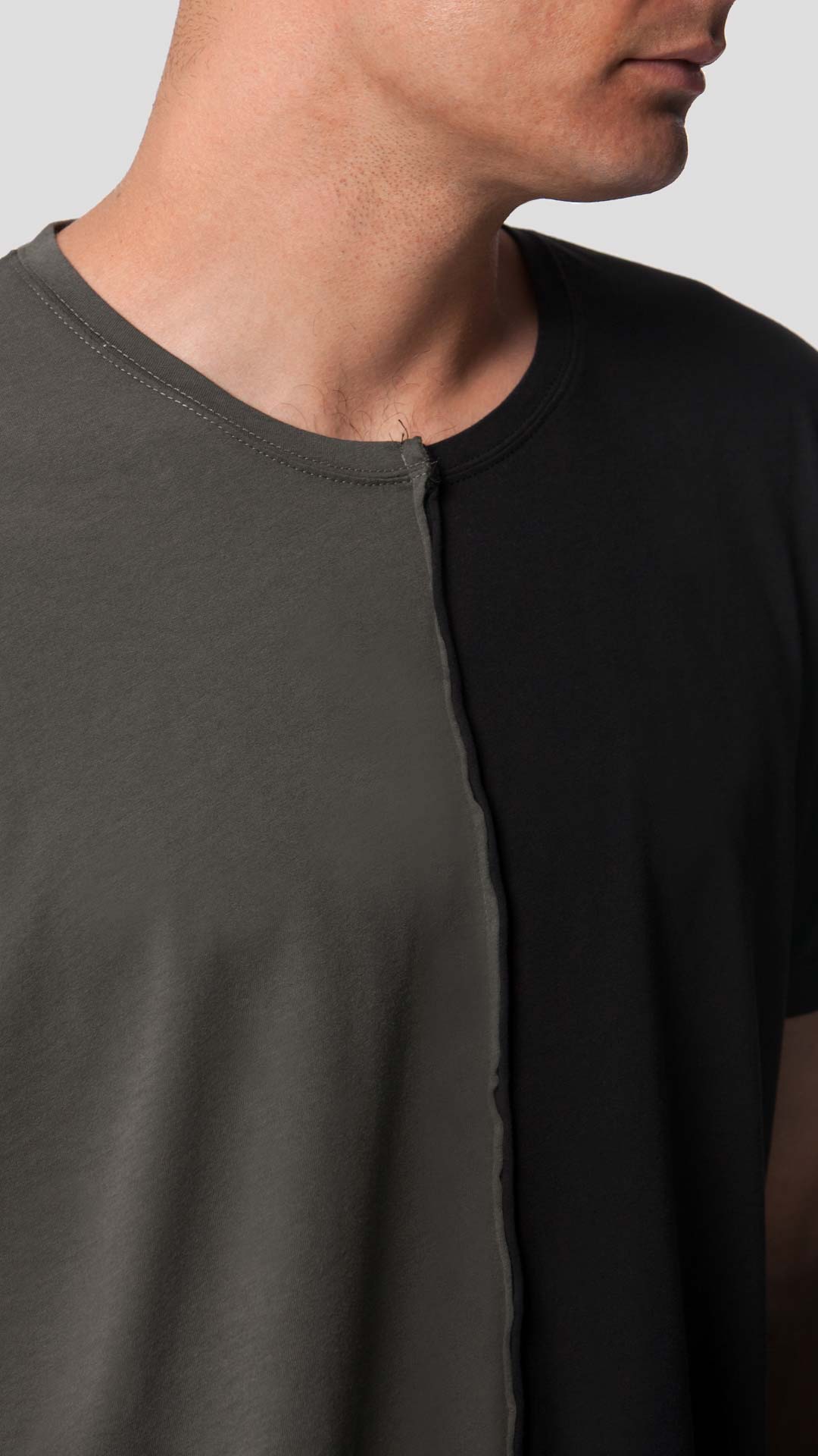 Half & Half T-Shirt in Black and Green, Front View Close Up