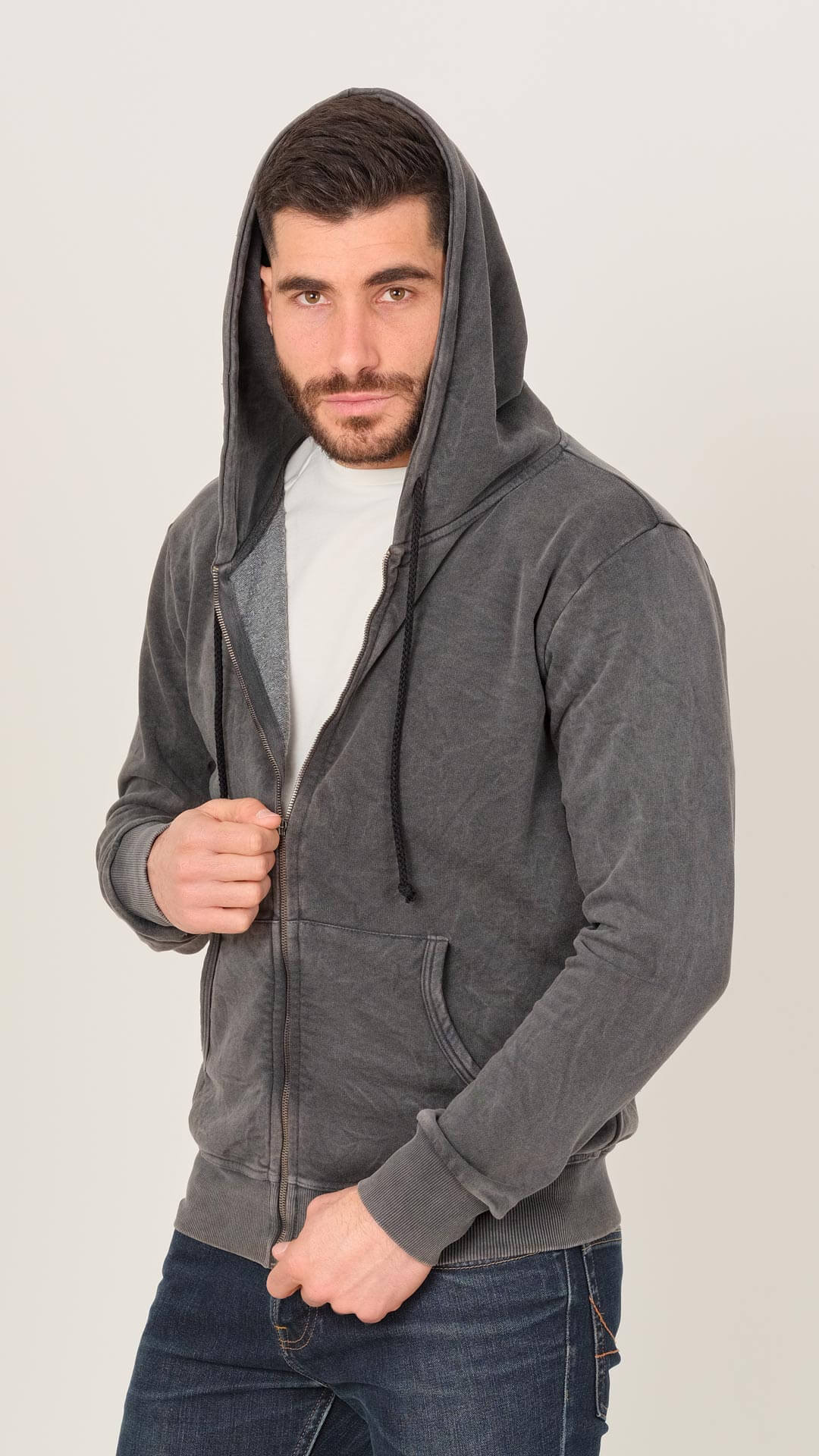 Tommy Zipped Hoodie Sweatshirt, Front View in Grey