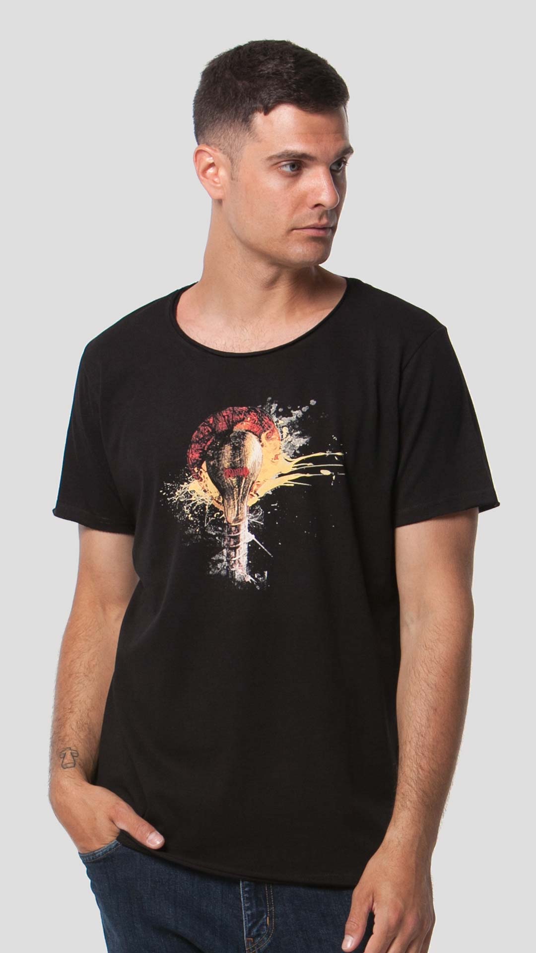 Bulb T-Shirt with Graphic Design in Black, Front View