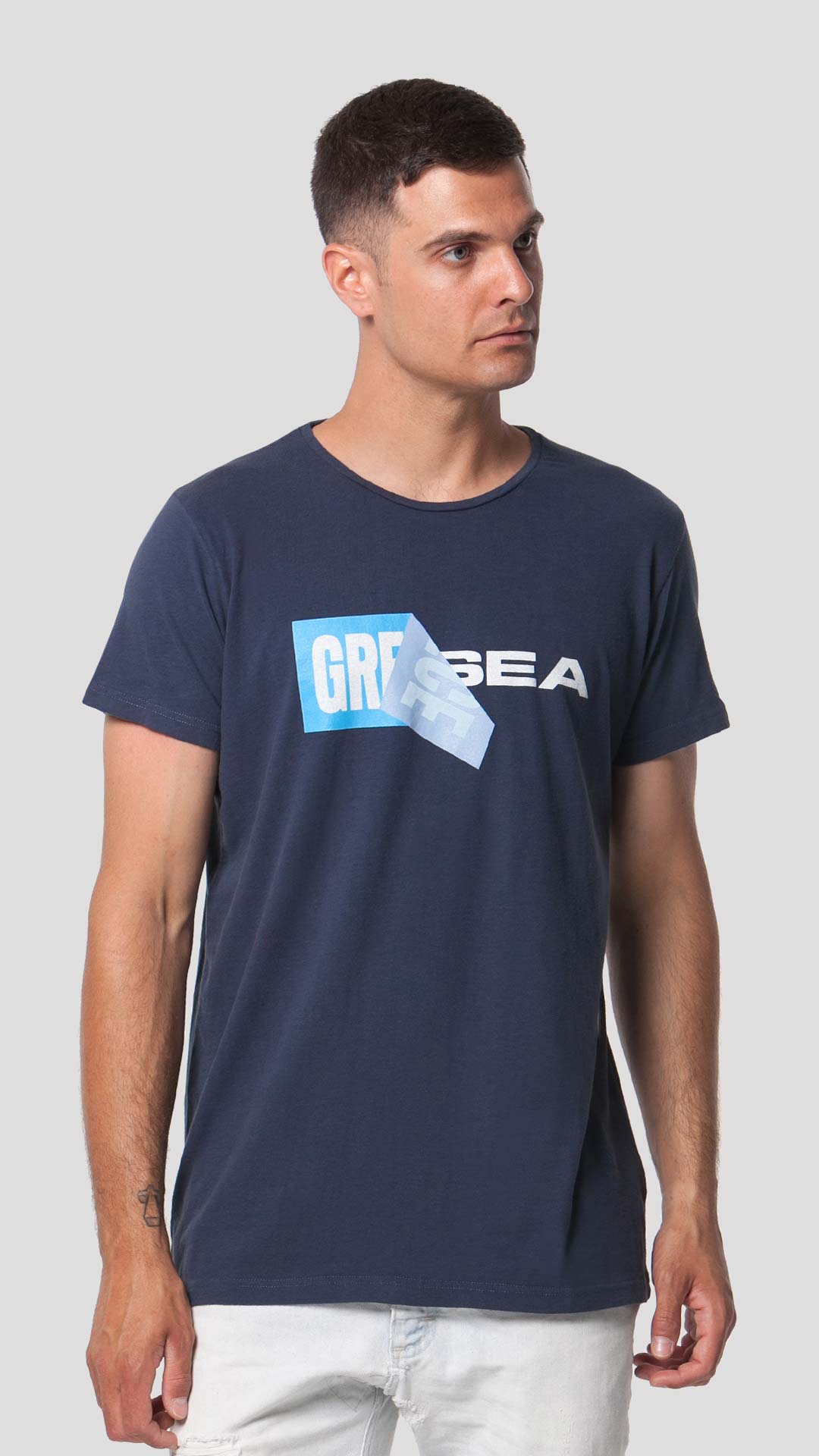 Greek Sea T-Shirt with Unfolding Print, in Blue, Front View