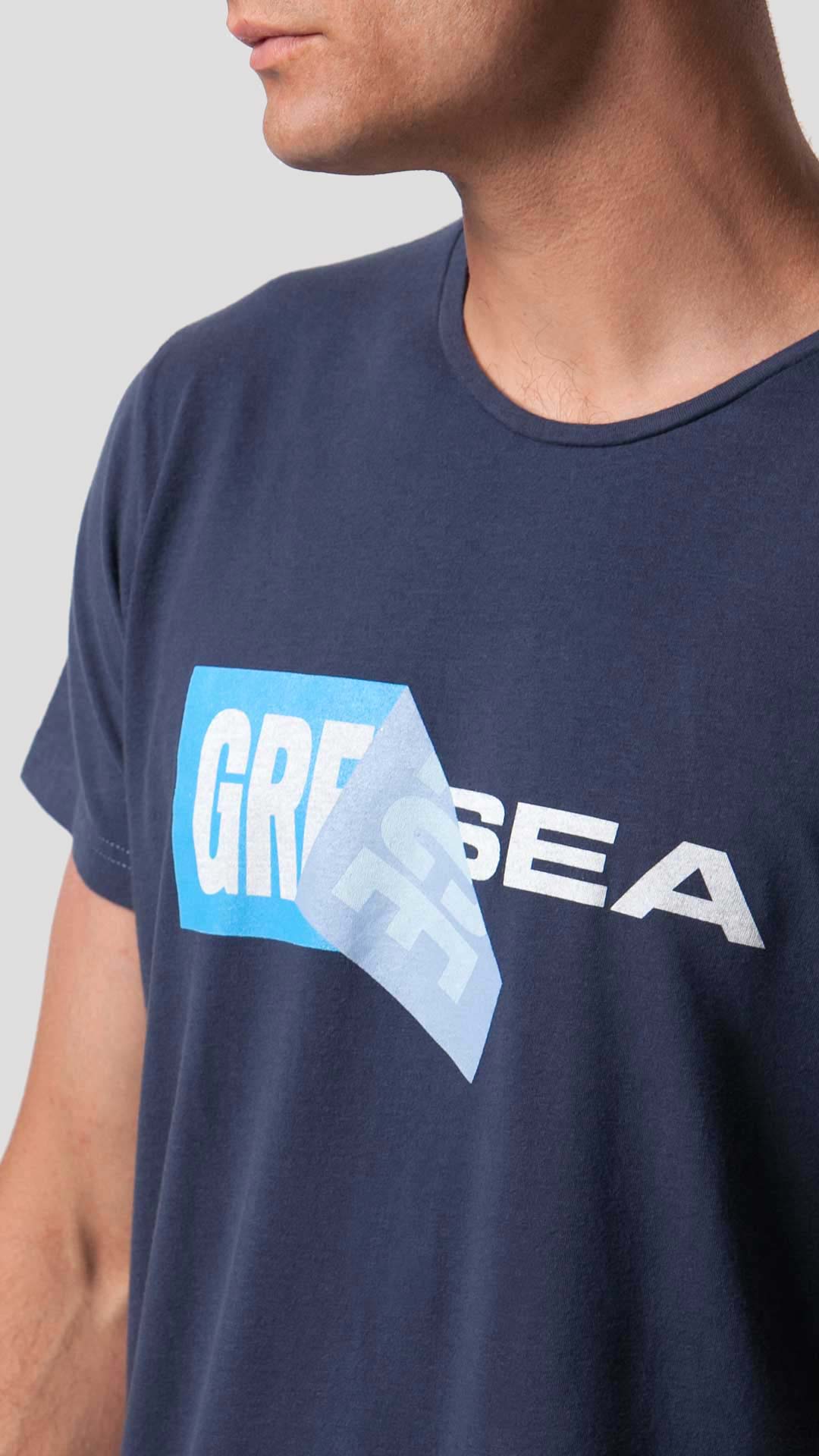 Greek Sea T-Shirt with Unfolding Print, in Blue, Close Up