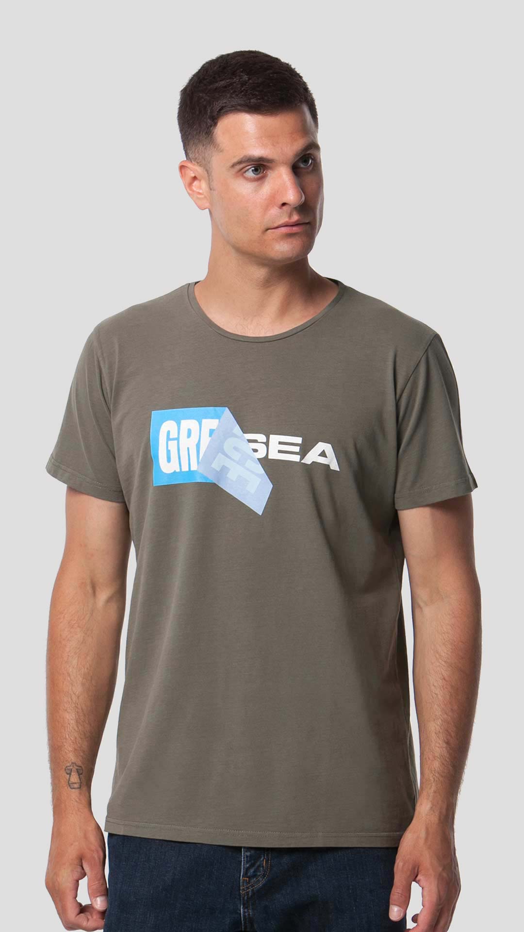 Greek Sea T-Shirt with Unfolding Print, in Khaki, Front View