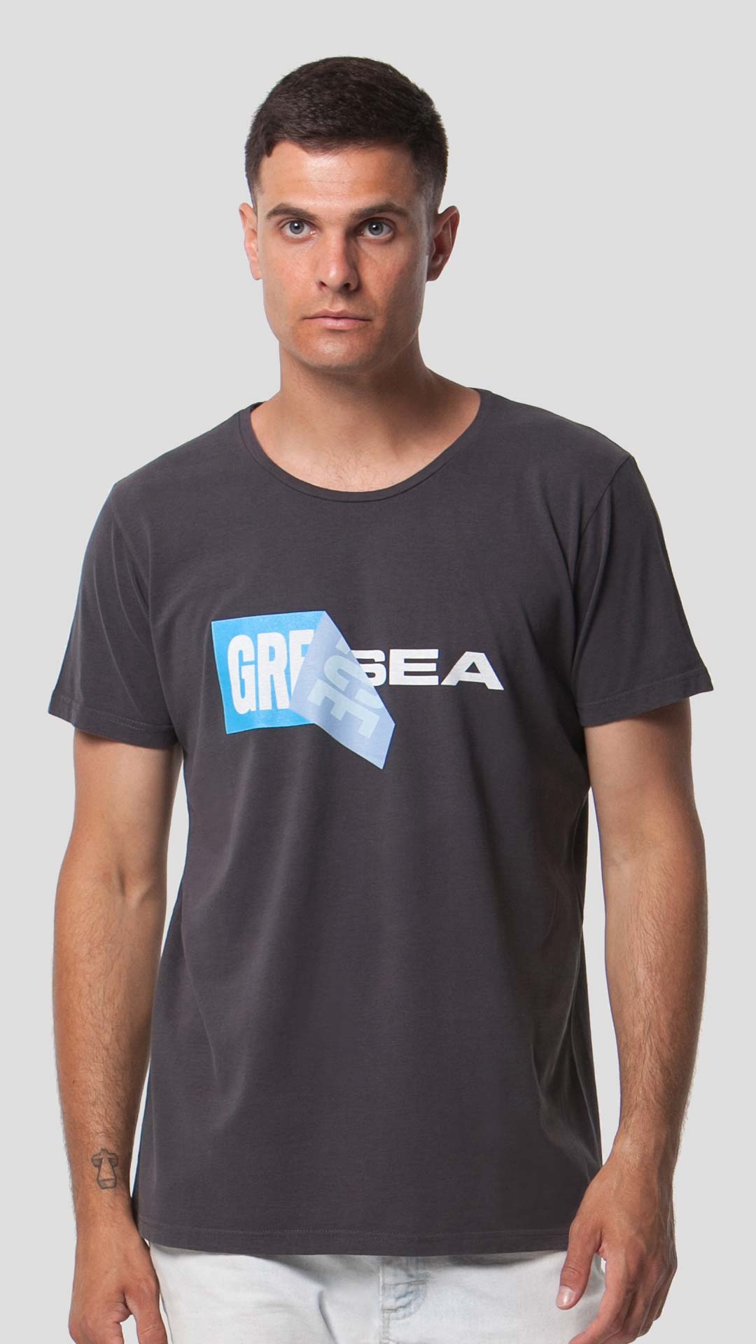 Greek Sea T-Shirt with Unfolding Print, in Grey, Front View