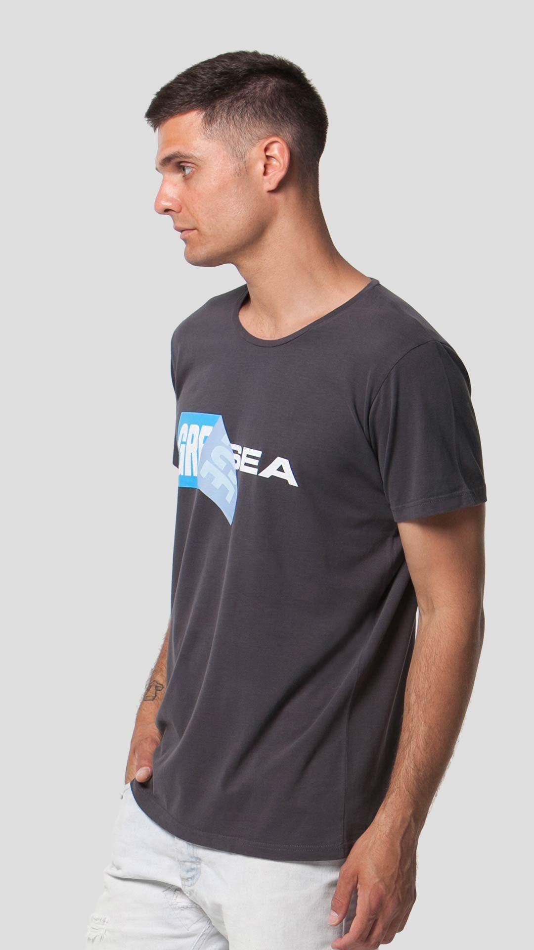Greek Sea T-Shirt with Unfolding Print, in Grey, Side View