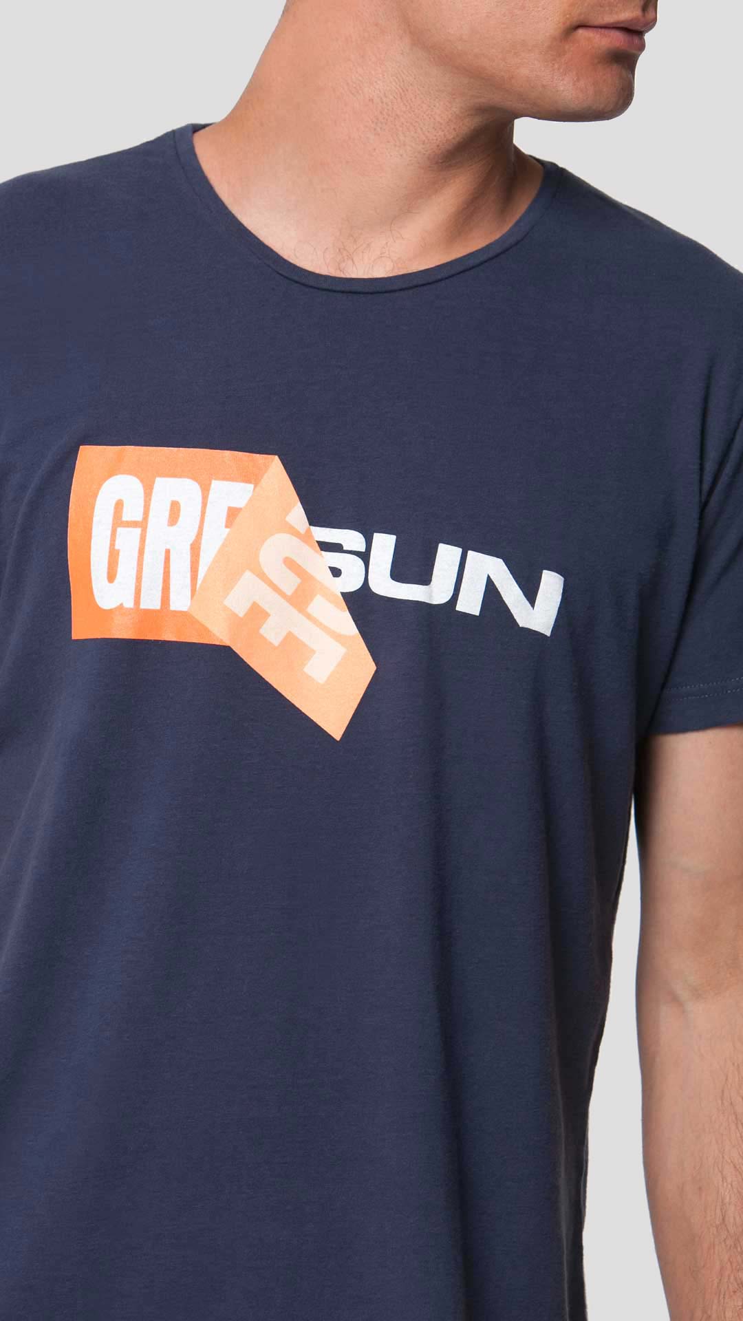 Greek Sun T-Shirt with Unfolding Print, in Dark Blue, Close Up