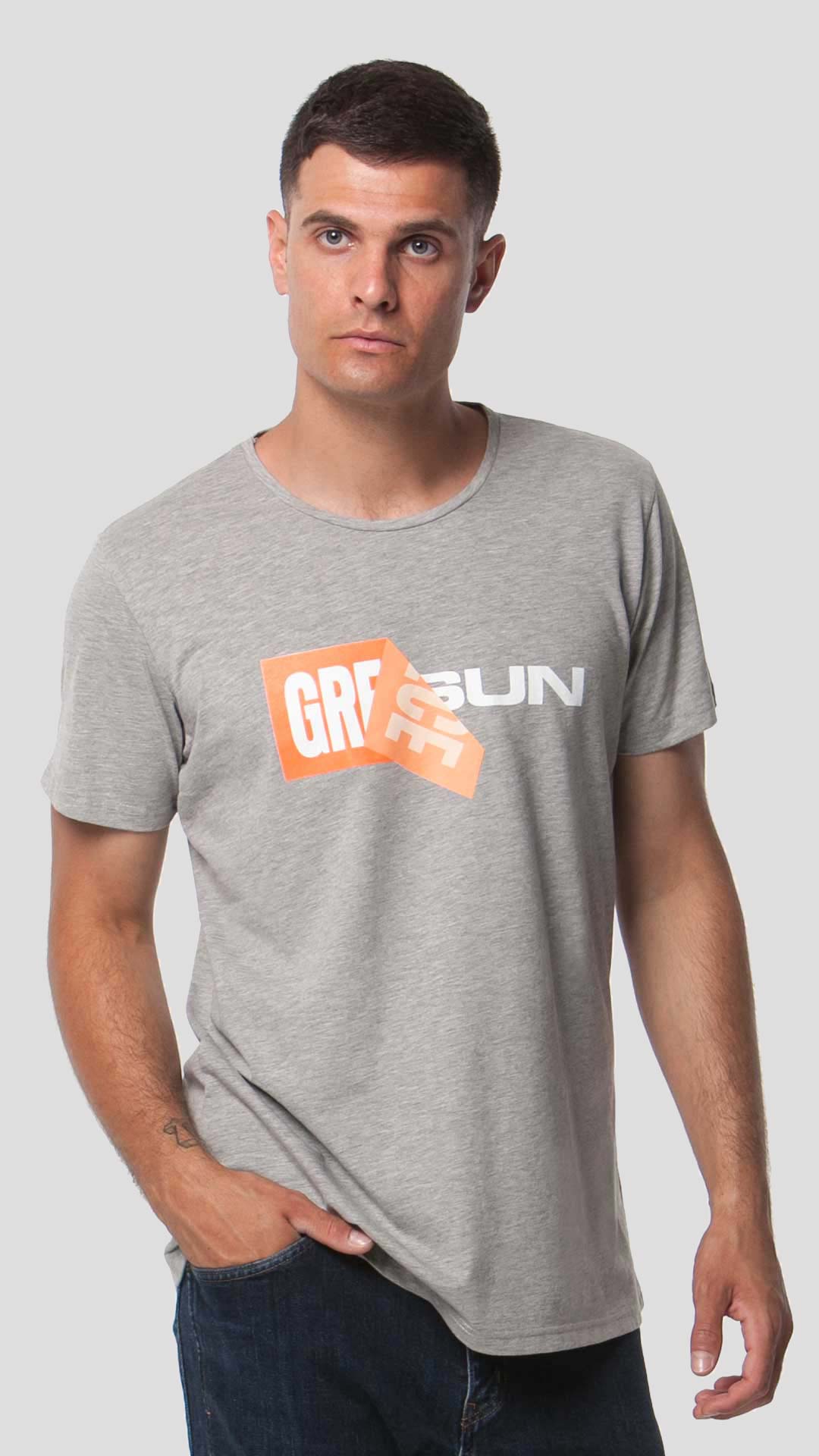 Greek Sun T-Shirt with Unfolding Print, in Light Grey, Front View