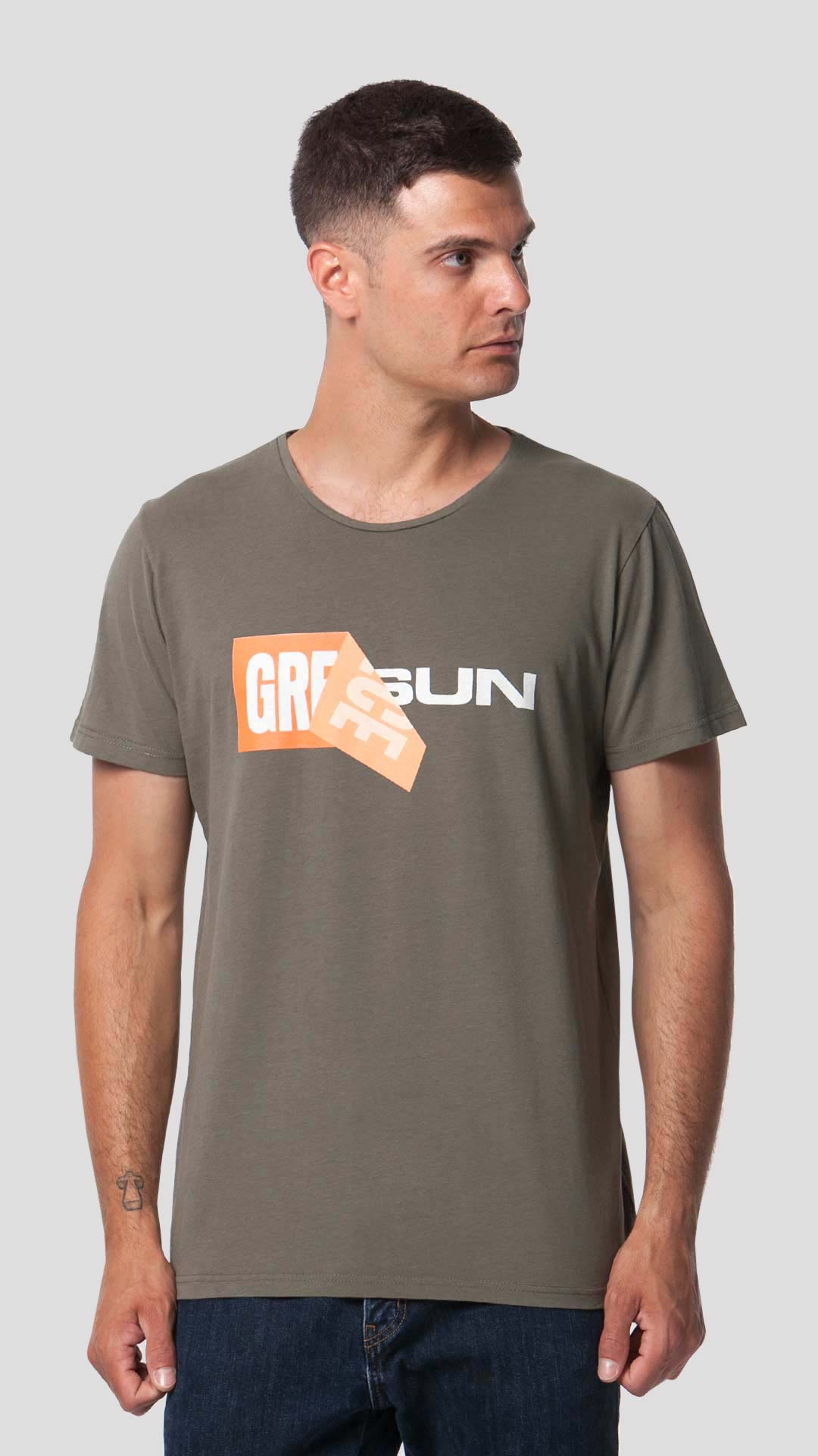 Greek Sun T-Shirt with Unfolding Print, in Khaki, Front View