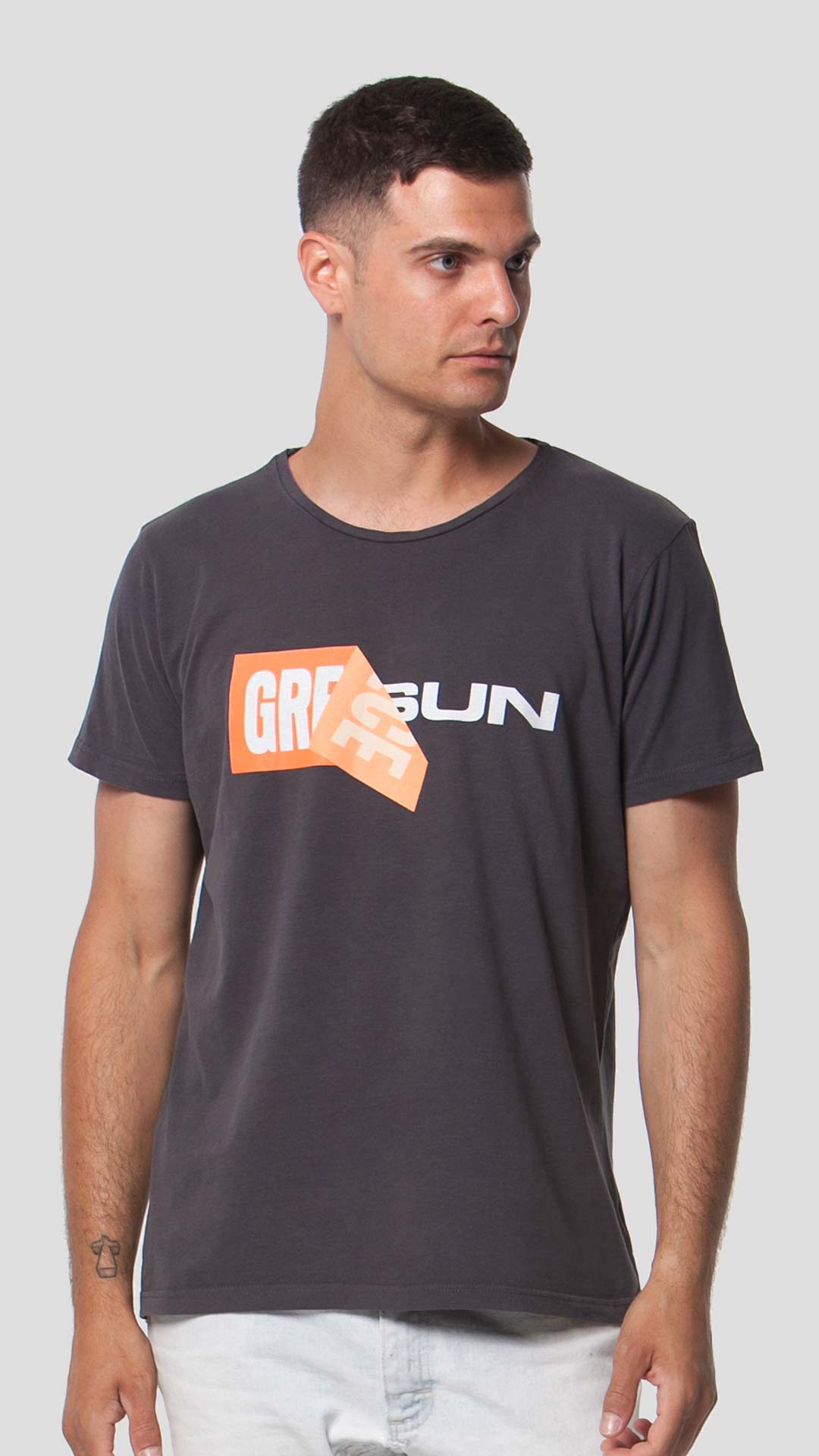 Greek Sun T-Shirt with Unfolding Print, in Dark Grey, Front View
