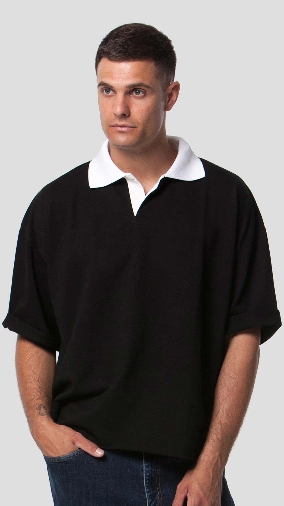 White Collar T-Shirt in Black, Front View