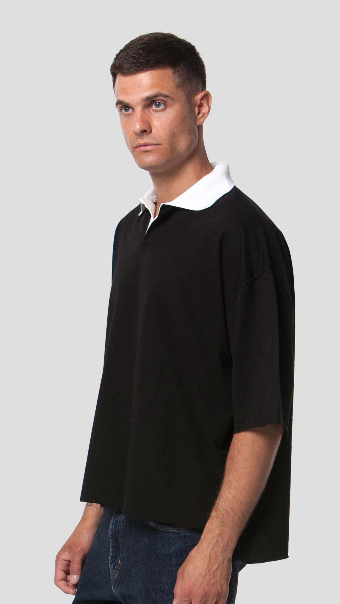 White Collar T-Shirt in Black, Side View