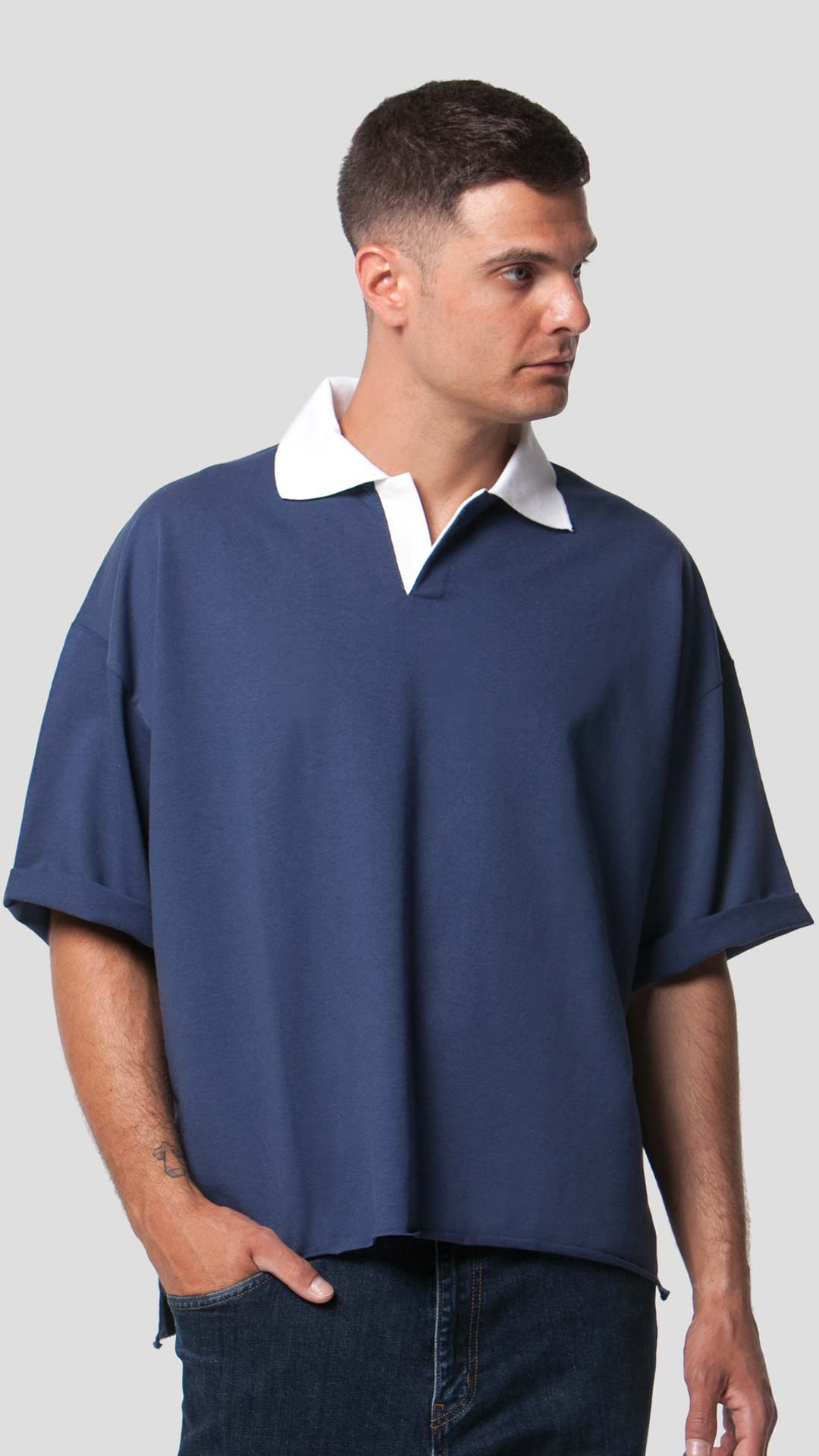 White Collar T-Shirt in Blue, Front View