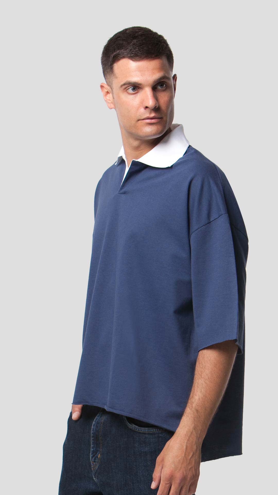 White Collar T-Shirt in Blue, Side View
