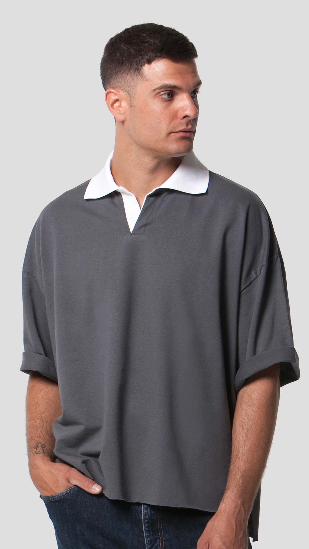 White Collar T-Shirt in Grey, Front View