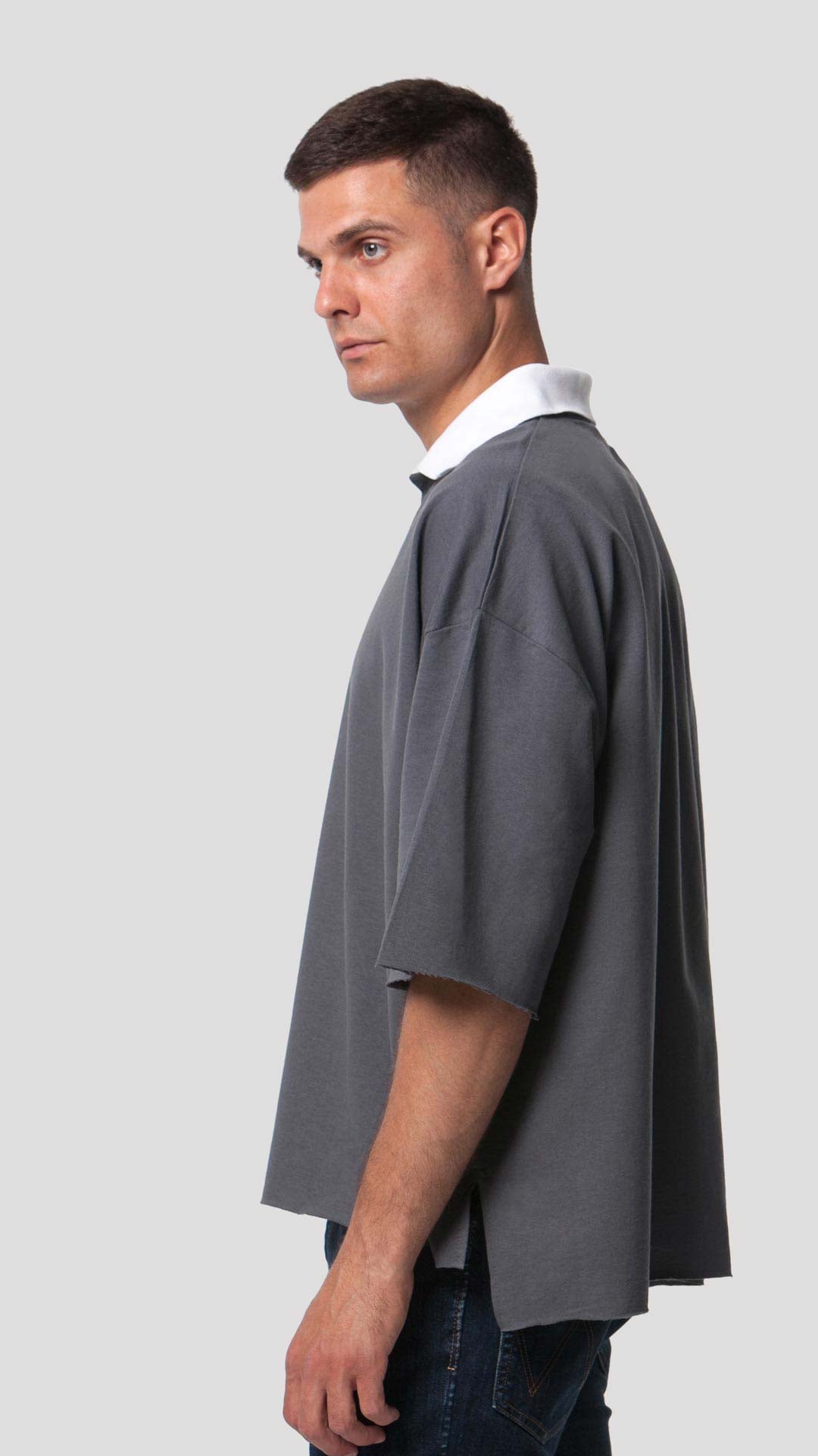 White Collar T-Shirt in Grey, Side View