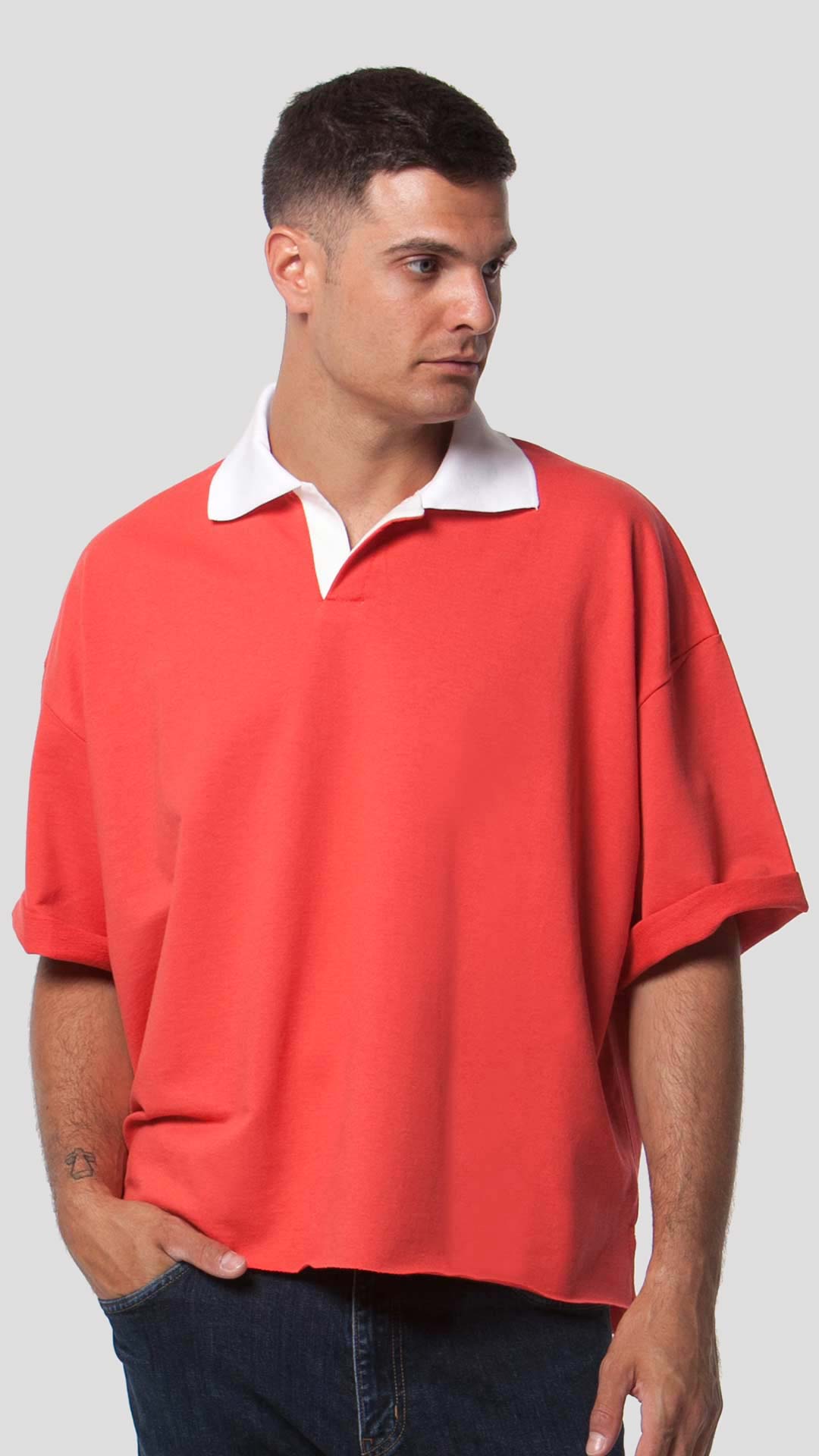 White Collar T-Shirt in Red, Front View