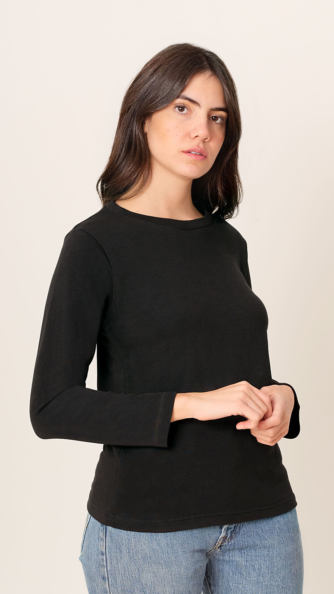 Round Neck Cotton Sweatshirt, Front View, in Black