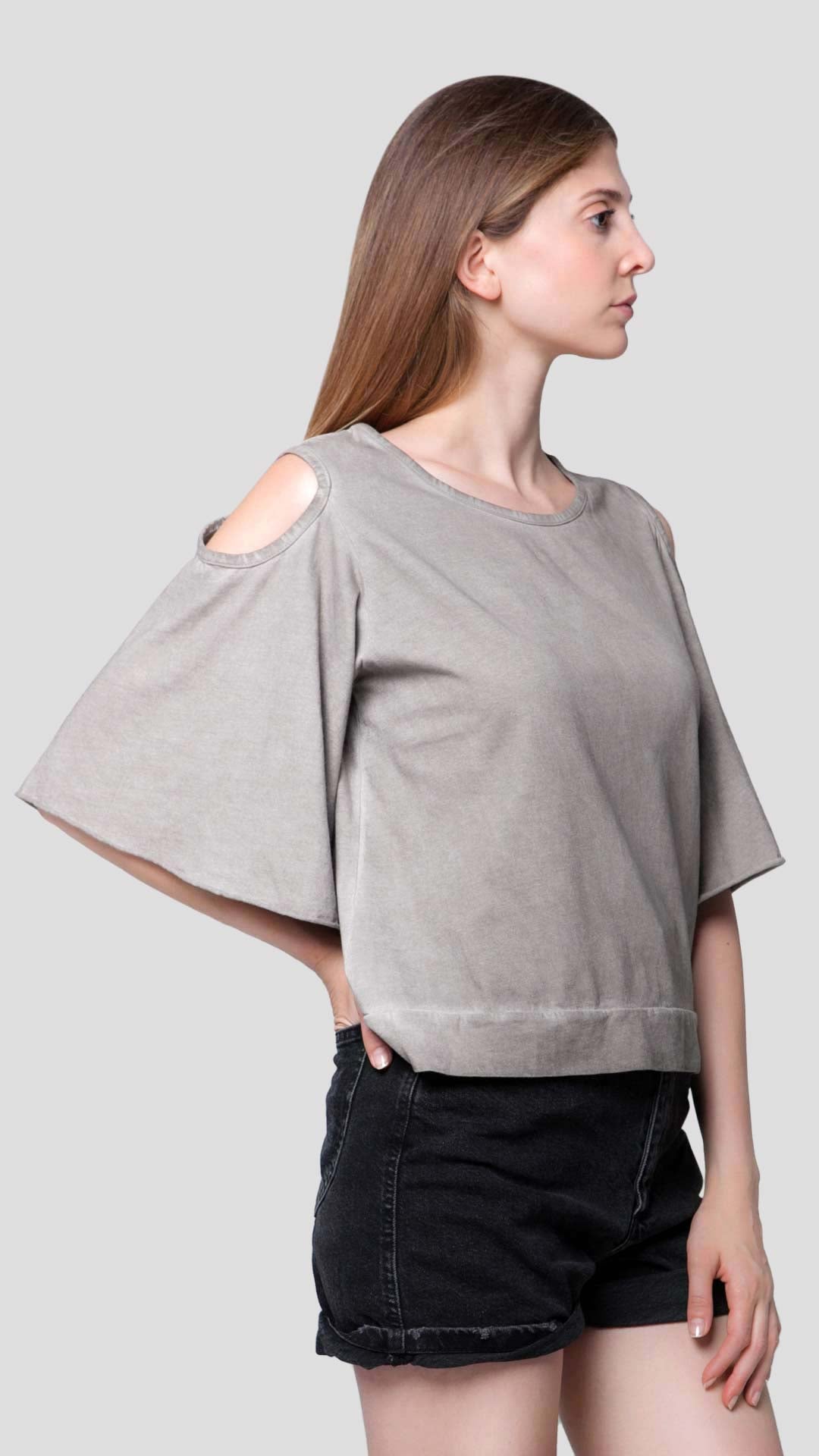 Women's beige cold shoulder top with striped back detail - Ianthe by ROUTE 67 ATHENS
