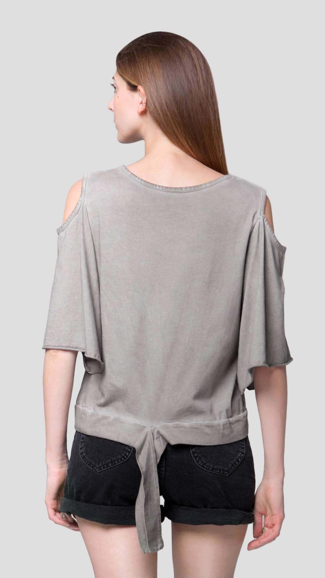 Women's beige cold shoulder top with striped back detail - Ianthe by ROUTE 67 ATHENS