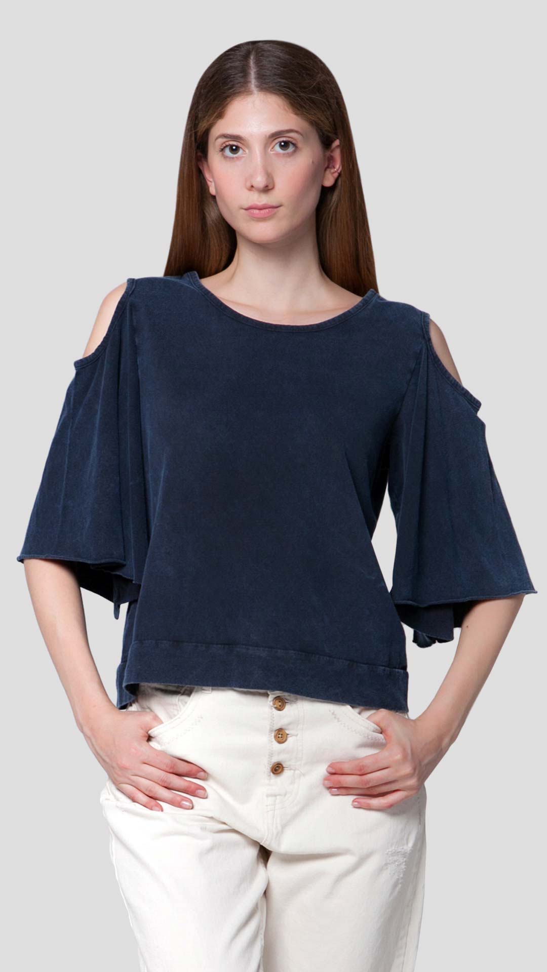 Women's blue cold shoulder top with striped back detail - Ianthe by ROUTE 67 ATHENS