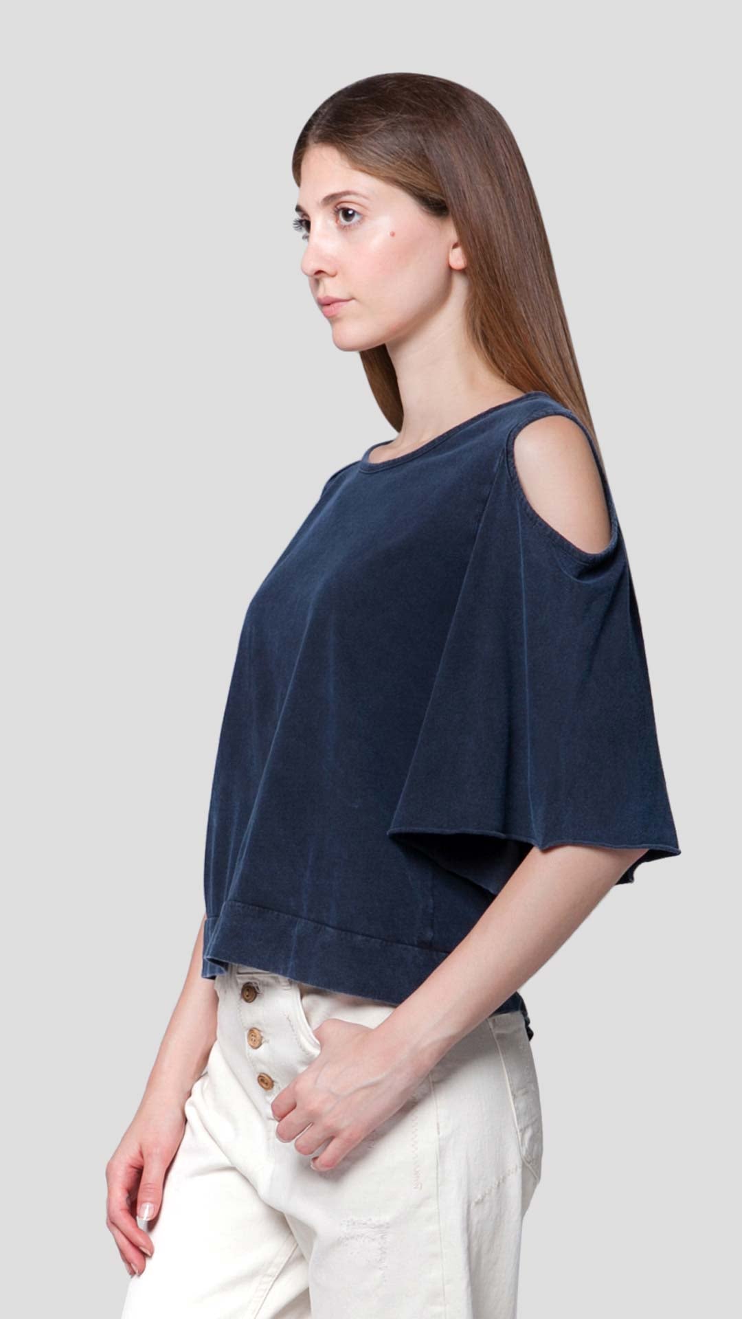 Women's blue cold shoulder top with striped back detail - Ianthe by ROUTE 67 ATHENS