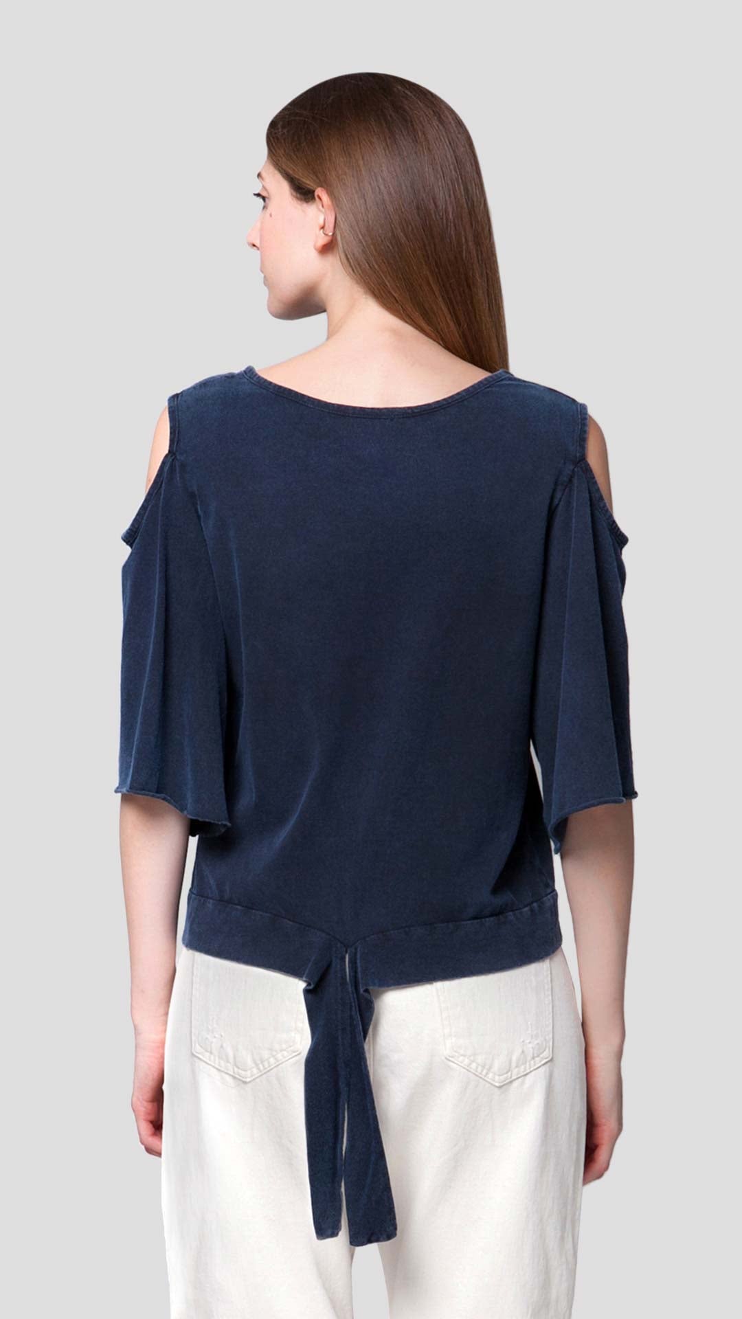 Women's blue cold shoulder top with striped back detail - Ianthe by ROUTE 67 ATHENS
