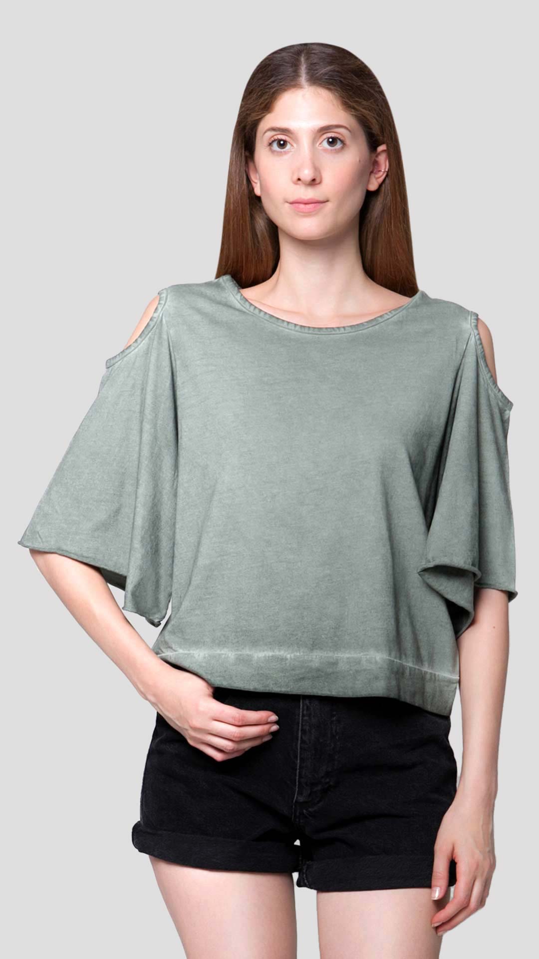 Women's green cold shoulder top with striped back detail - Ianthe by ROUTE 67 ATHENS
