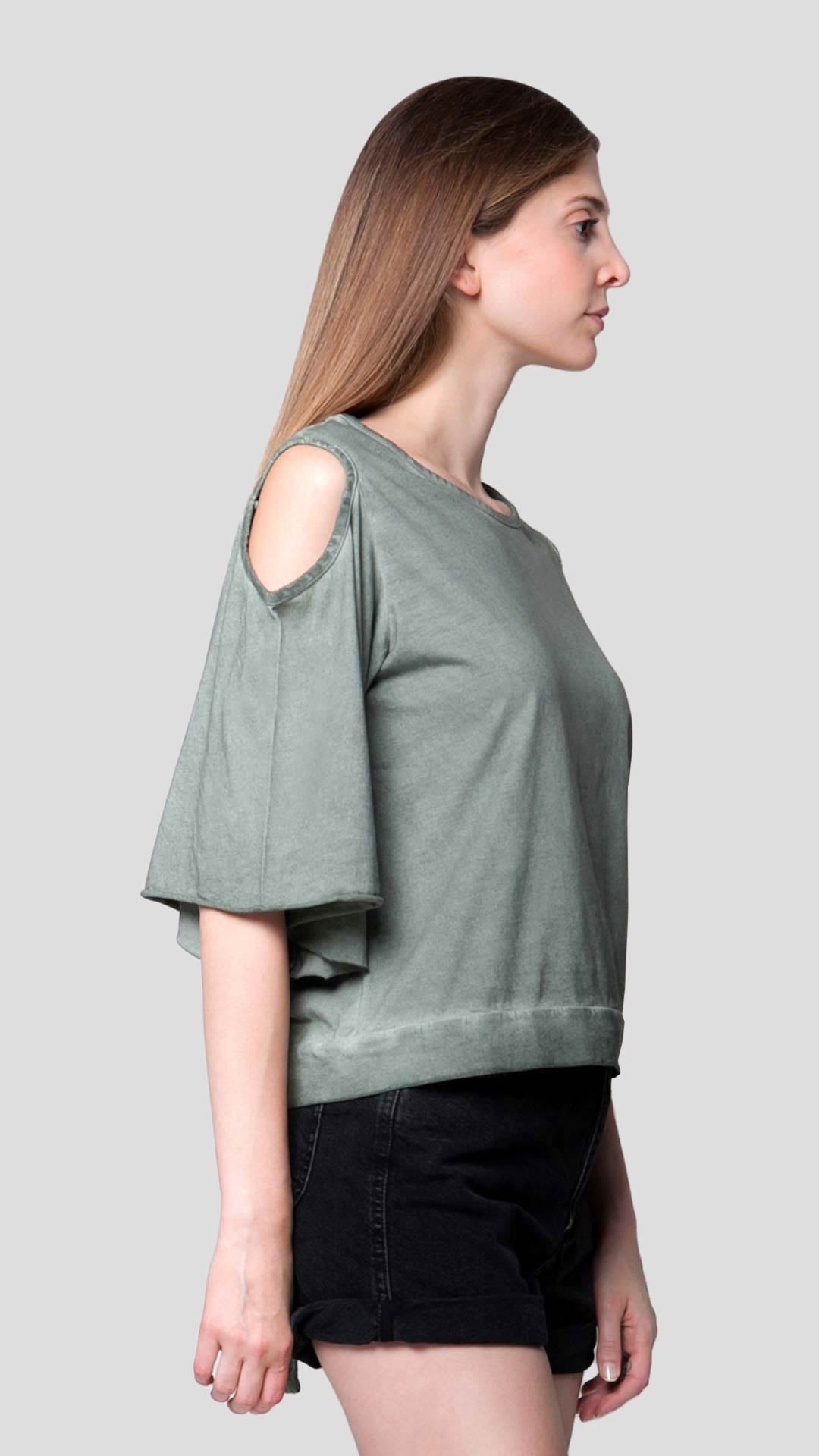 Women's green cold shoulder top with striped back detail - Ianthe by ROUTE 67 ATHENS